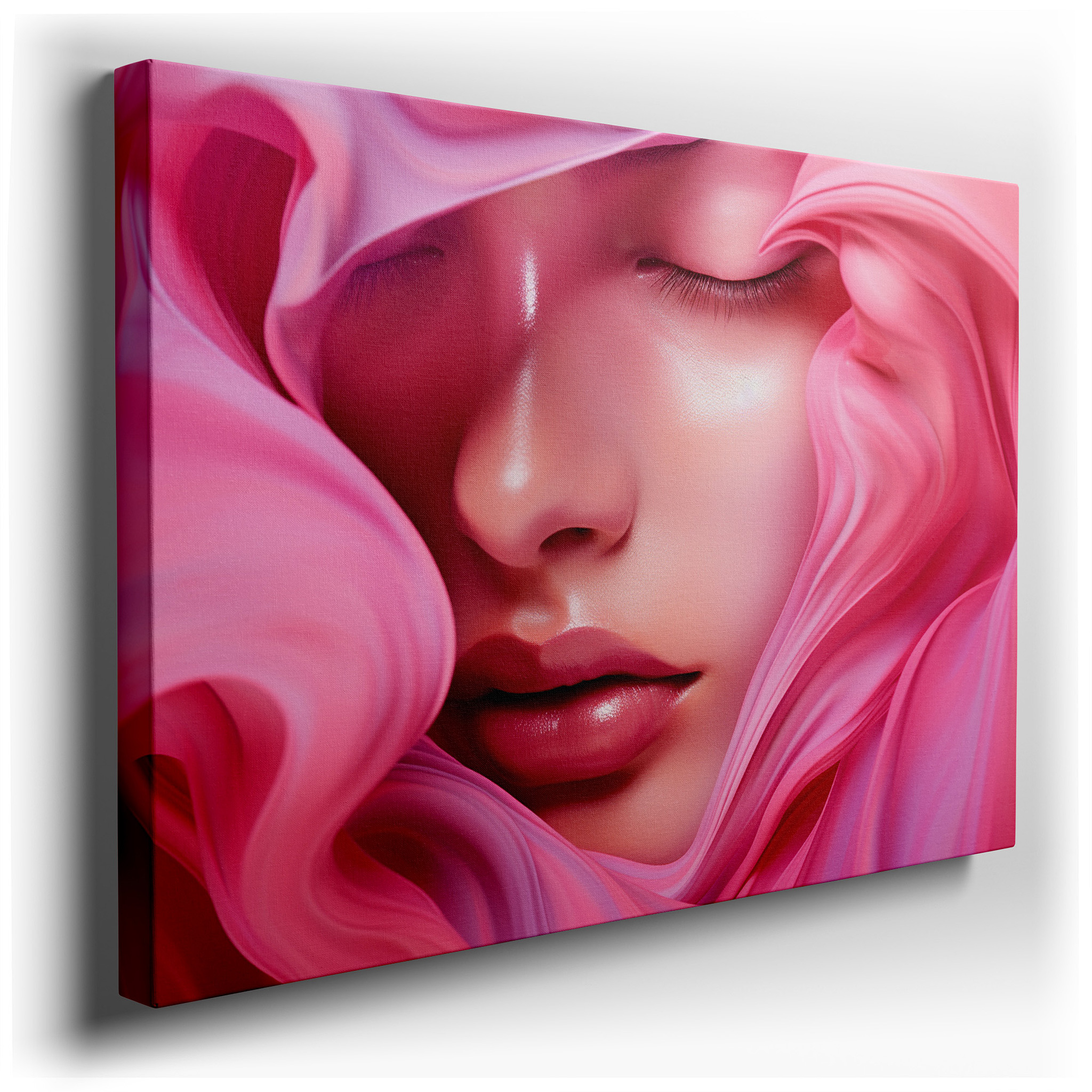 Soft Pink Fabric Depicting Ethereal Serenity: A Tranquil, Introspective Large Wall Art for Peaceful Decor in Offices