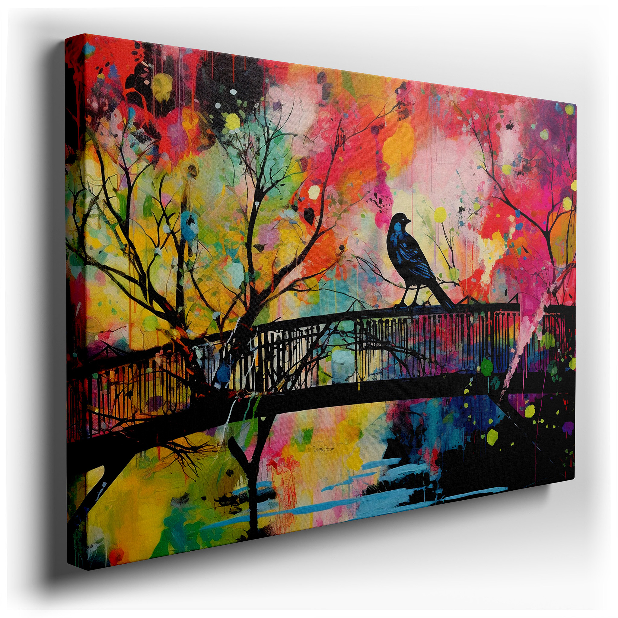 Solitary Bird on a Bridge Surrounded by Vivid Abstract Splashes: A Reflection on Solitude and Nature, Large Canvas Wall