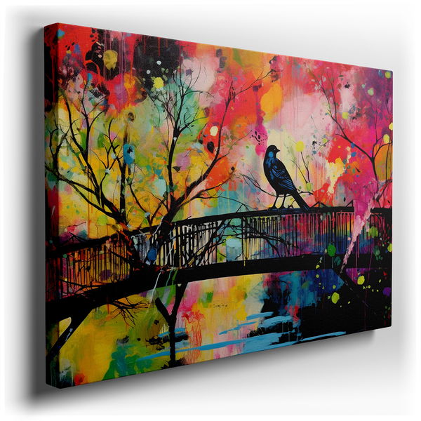 Solitary Bird on a Bridge - Vivid Abstract Canvas Wall Art