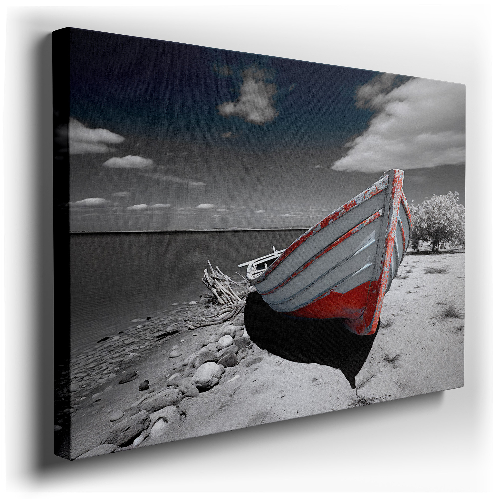 Solitary Boat on Peaceful Beach - Embodying Quiet Abandonment and Eternal Solitude, Large Wall Art, Canvas Wall Art,