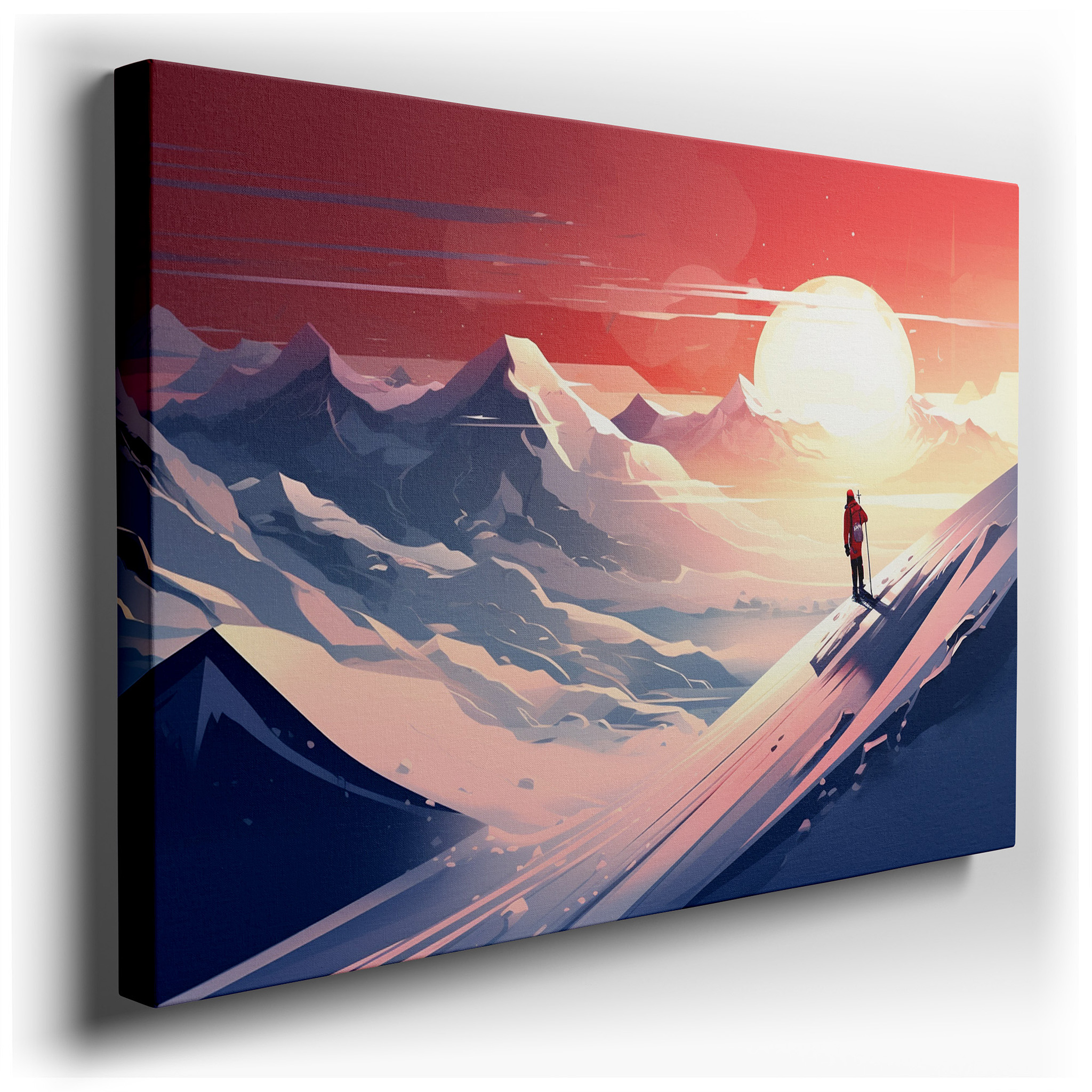 Solitary Hiker Among Snow - Capped Peaks at Sunset - A Scene of Solitude and Adventure, Large Wall Art, Canvas, Home