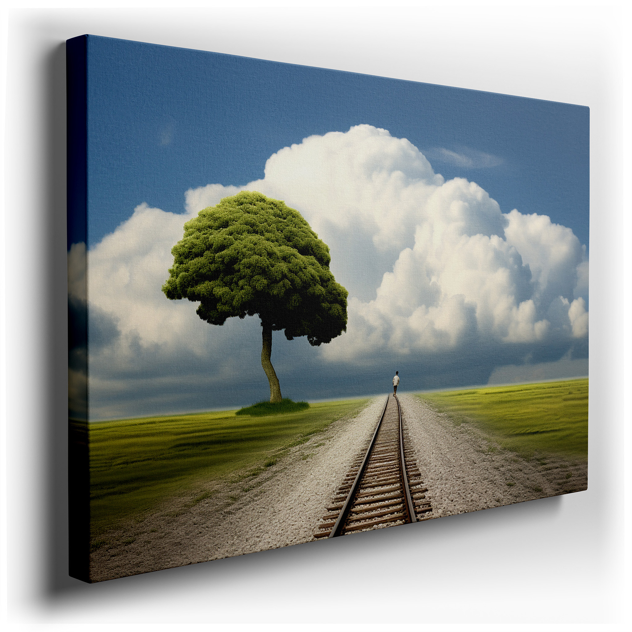 Solitary Tree and Train Tracks Wall Art: A Symbol of Resilience and Reflection - Large Canvas for Home and Office