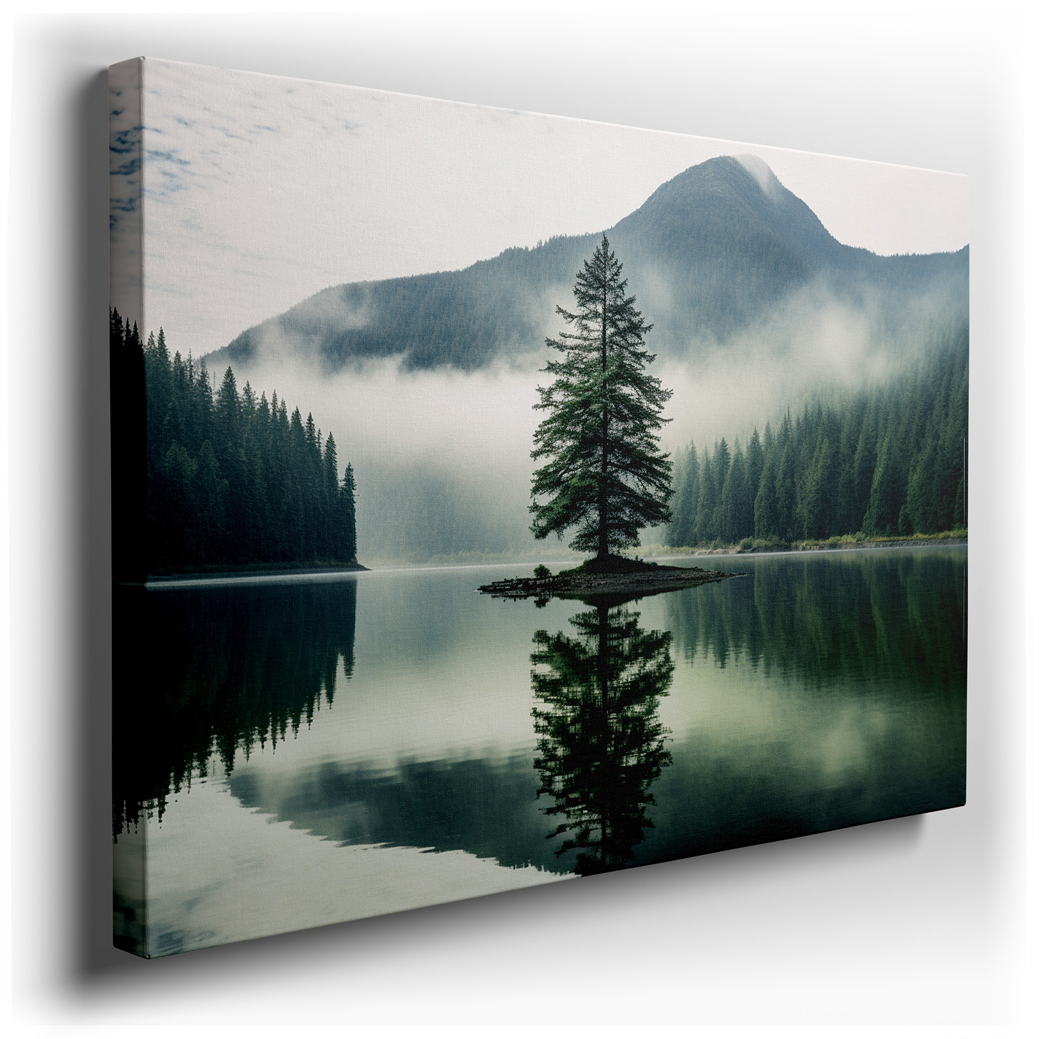 Solitary Tree on a Foggy Island Reflecting on Calm Waters - Large Canvas Wall Art for Office and Bedroom Decor wrapped