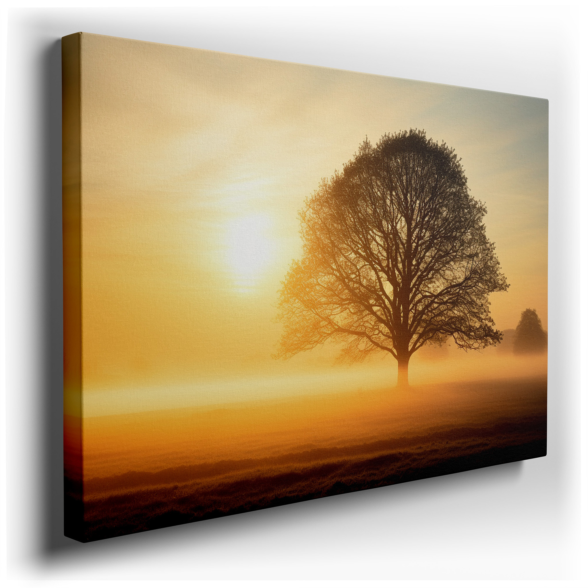 Solitary Tree Silhouetted by Dawn's Light, Large Wall Art Featuring a Gradient from Indigo to Orange, Canvas Wall Art