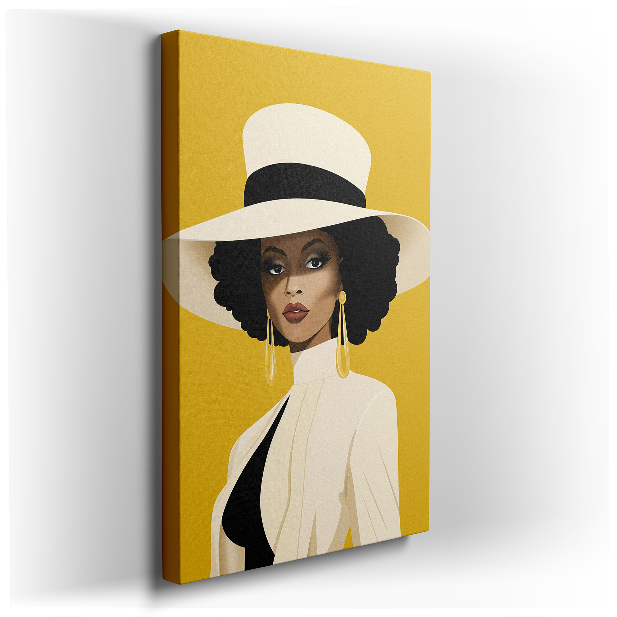 Sophisticated Portrait with Modern Elegance in a Chic Hat, Set Against a Vibrant Yellow Background - Large Canvas Wall