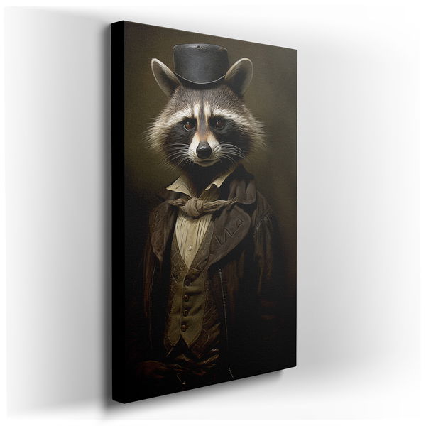 Sophisticated Raccoon in Vintage Attire - Whimsical Canvas Wall Art