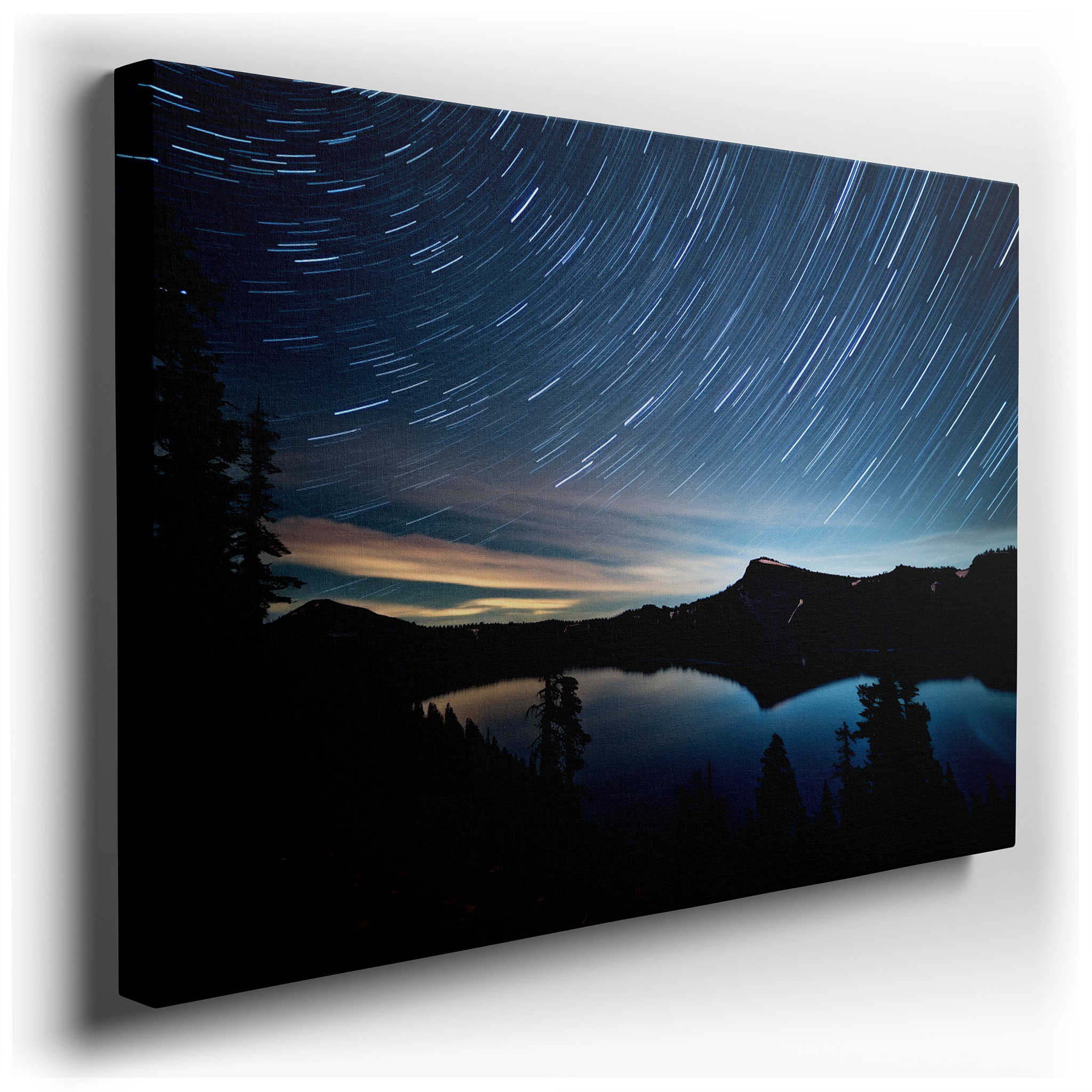 Star Trails Above Serene Lake with Pine Tree Silhouettes - Large Canvas Wall Art for Office, Bedroom, and Living Room
