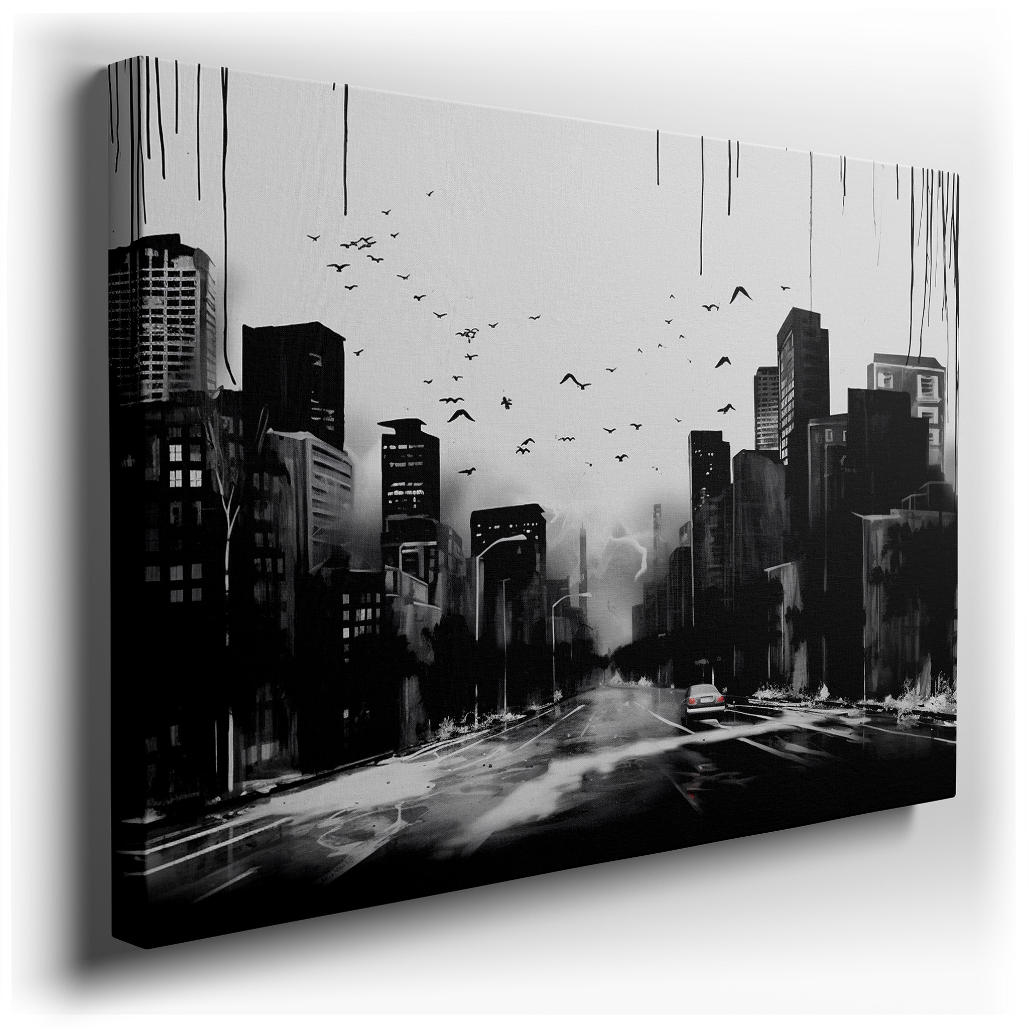 Stark Urban Landscape in Black and White: A Timeless Exploration of City Life and Isolation - Large Wall Art, Canvas