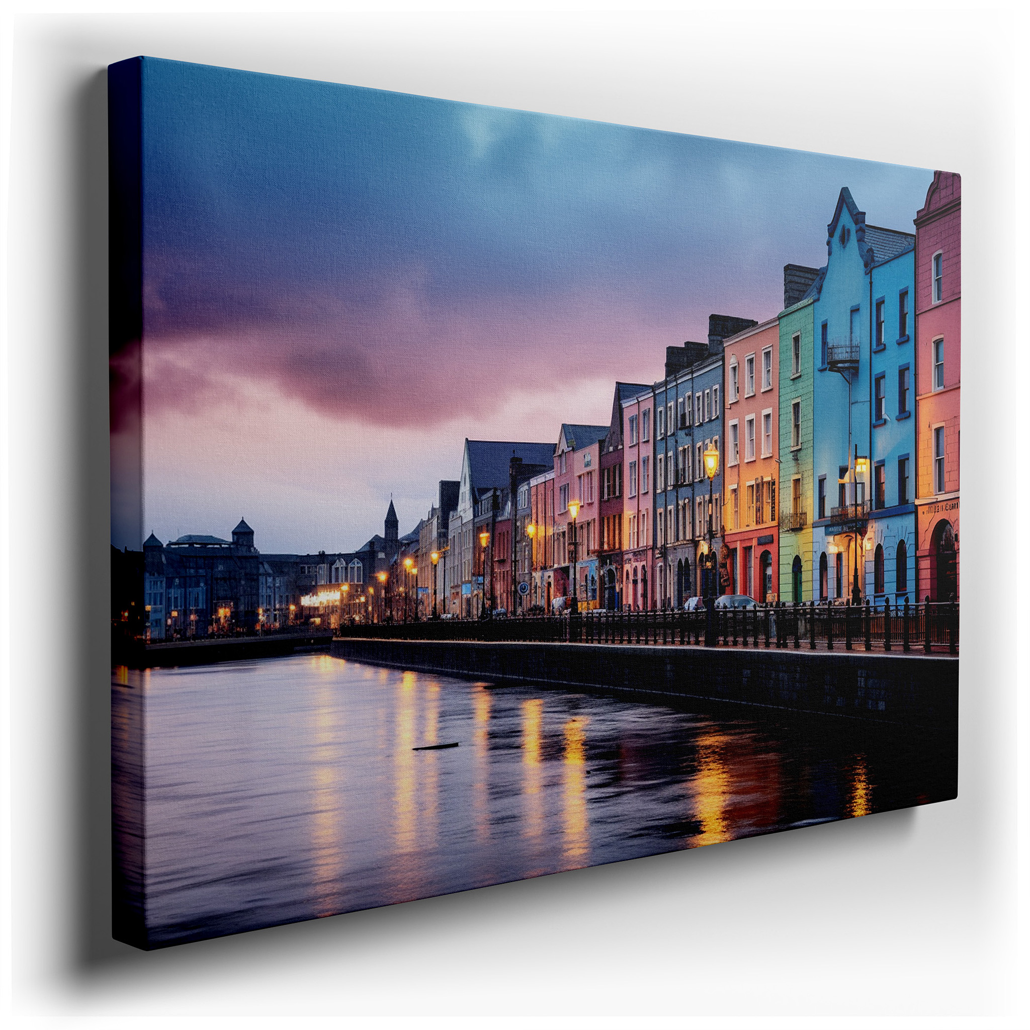 Starlit Sky Over Historic Harbor: Tranquil Waters Meet Vibrant City Life in Serene Nighttime Large Wall Art, Canvas