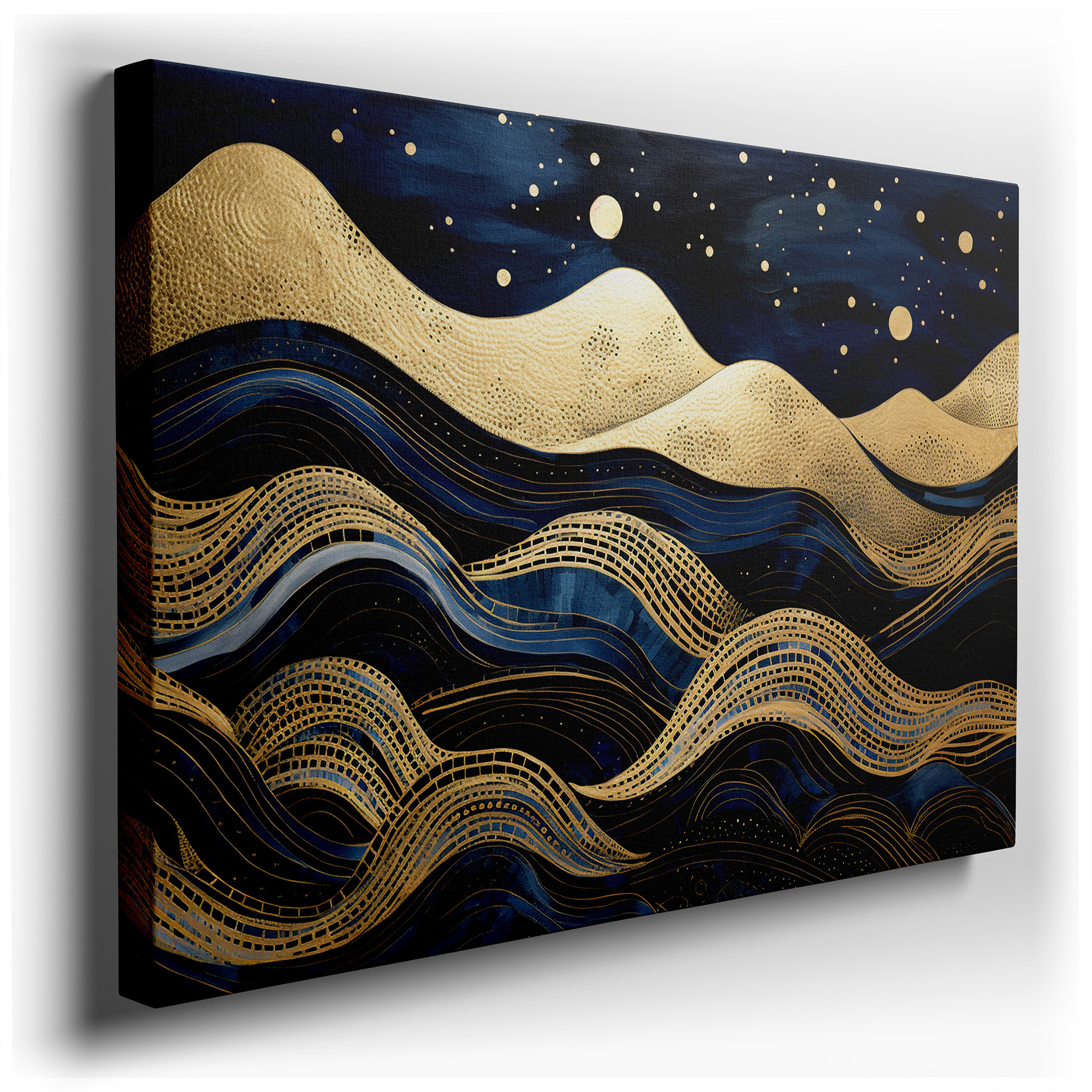 Starry Night Over Mystical Landscape with Golden Waves and Ethereal Hills, Large Canvas Wall Art for Office Decor