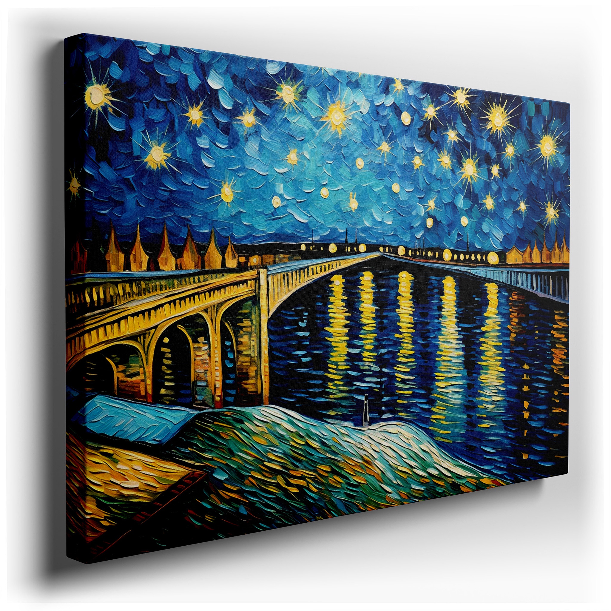 Starry Night Over Tranquil River with Golden Bridge Lights - Large Canvas Wall Art for Office, Bedroom, and Living Room