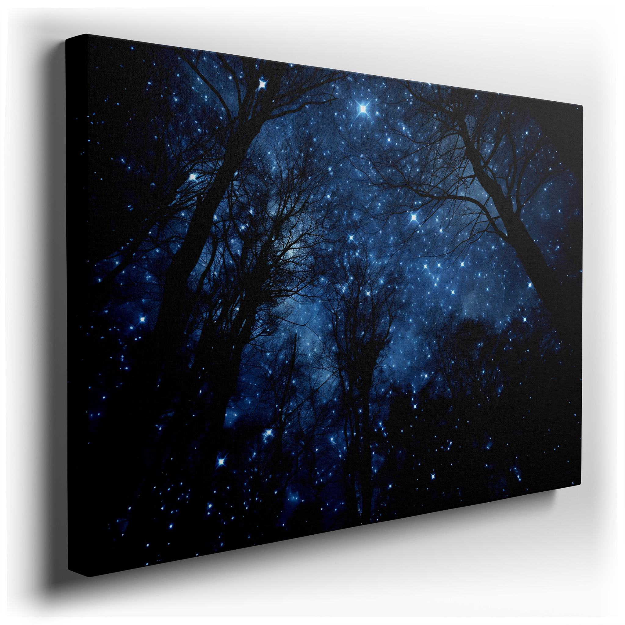 Starry Night Sky and Enigmatic Forest Wall Art: Large Canvas Featuring a Tranquil Realm with Twinkling Stars and