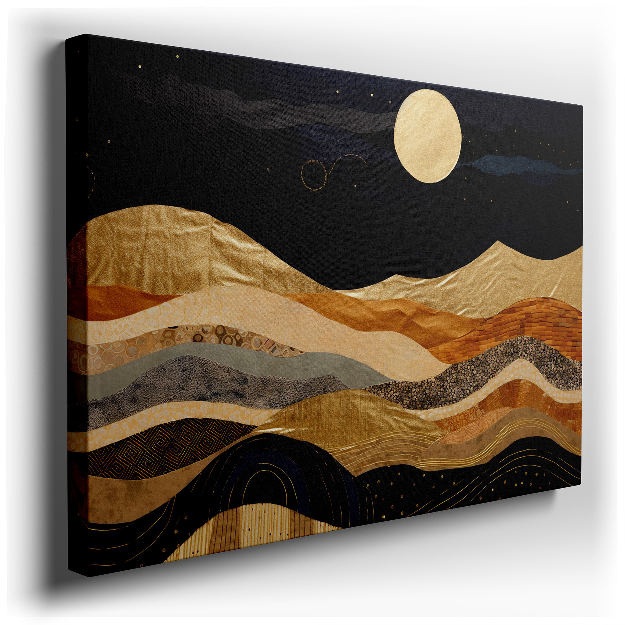 Starry Sky Over Golden Hills with Glowing Moon, Tranquil Nature Masterpiece, Large Canvas Wall Art for Office and