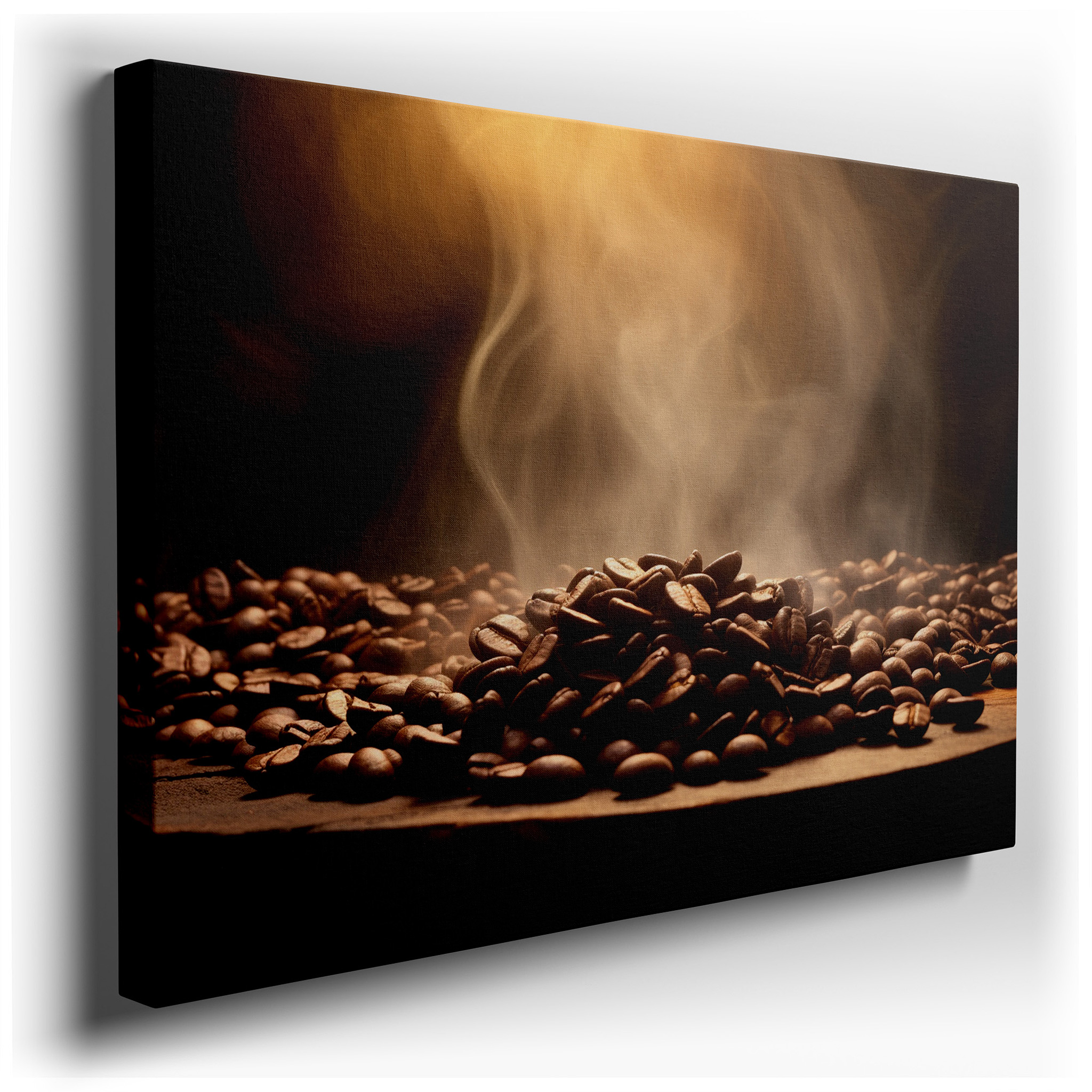 Steamy Coffee Beans on Rustic Wood: A Sensory Journey of Warmth and Aroma - Large Wall Art, Canvas Wall Art, Wall Decor
