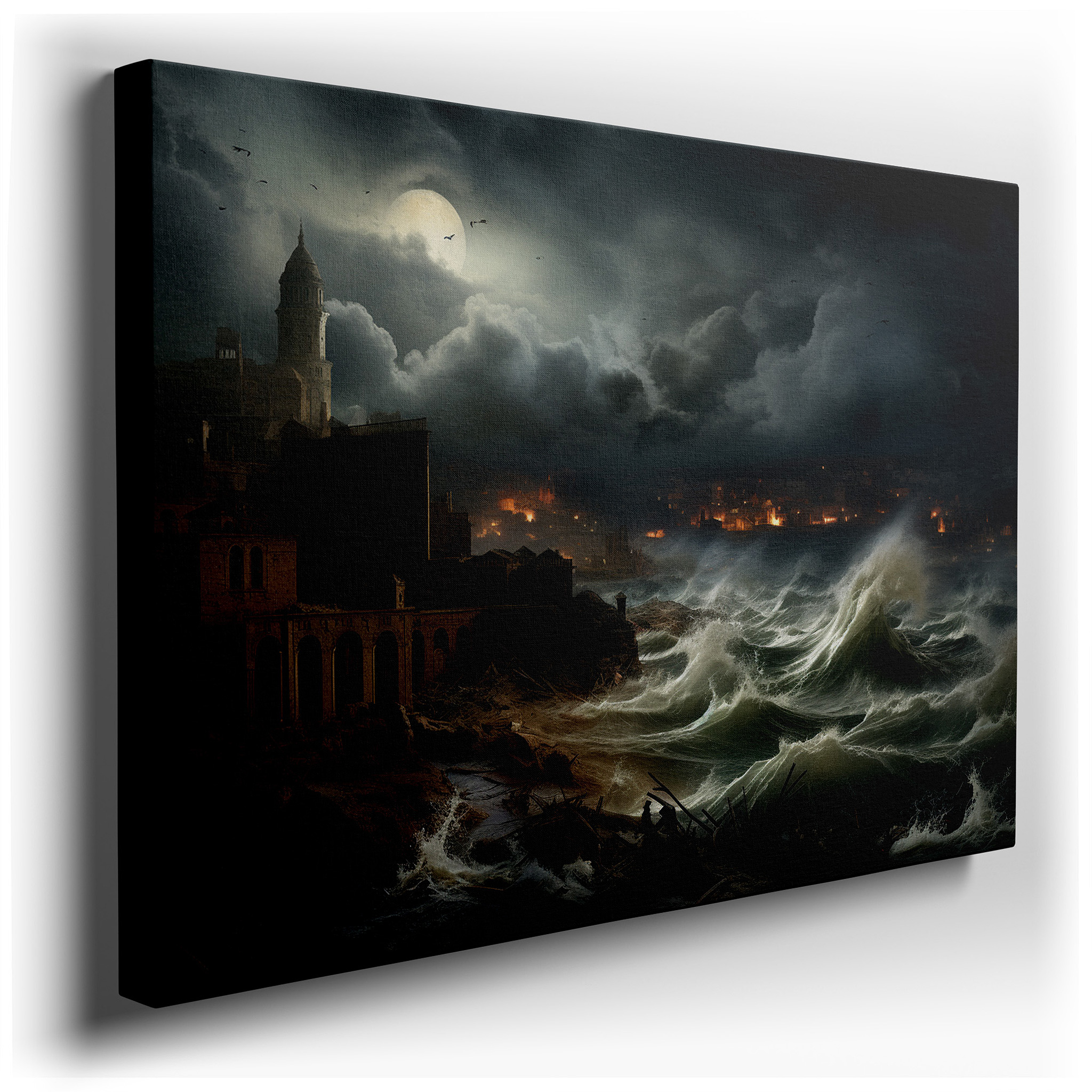Storm - Damaged Coastal Scene and Human Vulnerability Large Wall Art, Canvas Wall Art, Wall Decor, Office Wall Art,