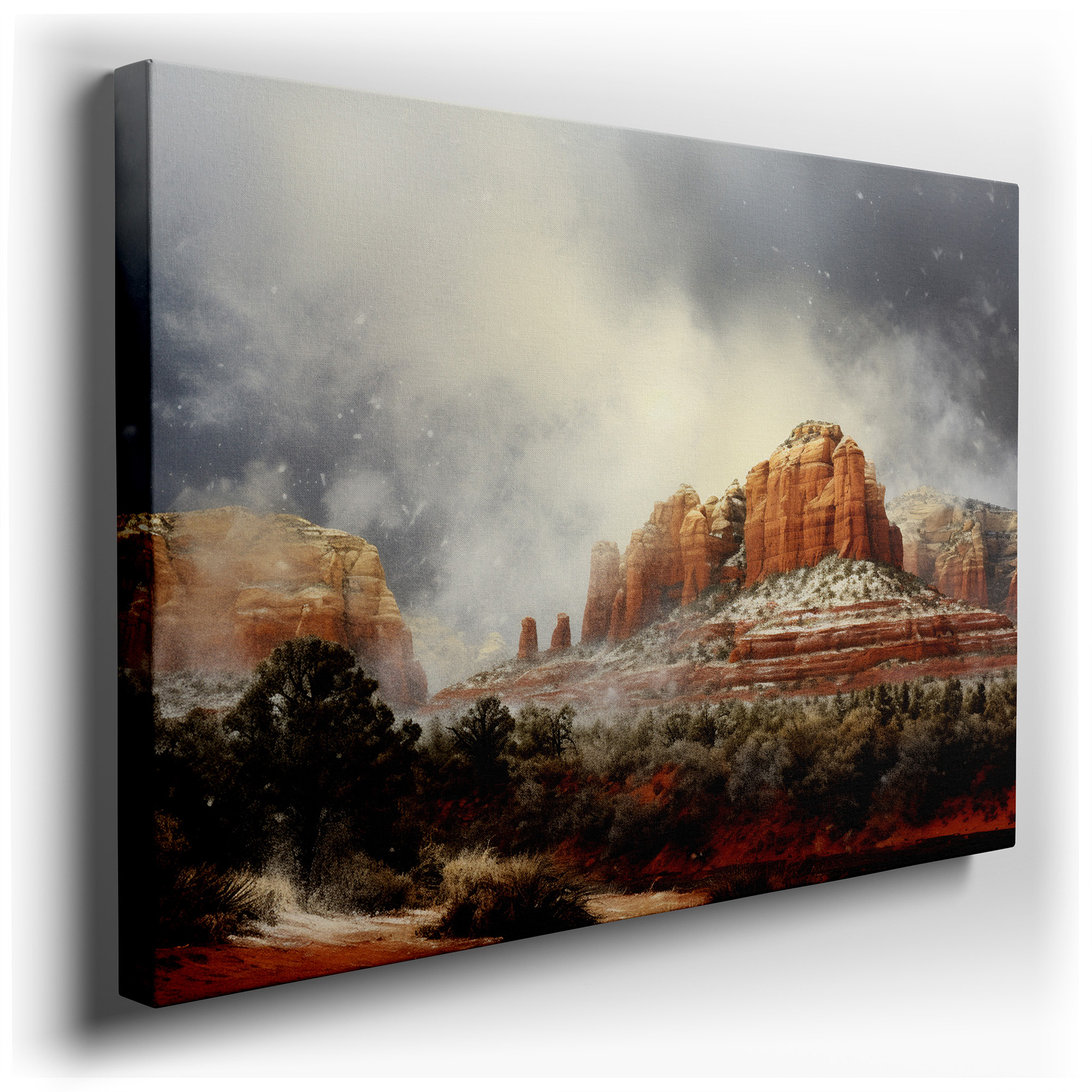 Stormy Landscape with Snowfall Over Majestic Red Rock Mountains - Large Canvas Wall Art for Emotional and Visual