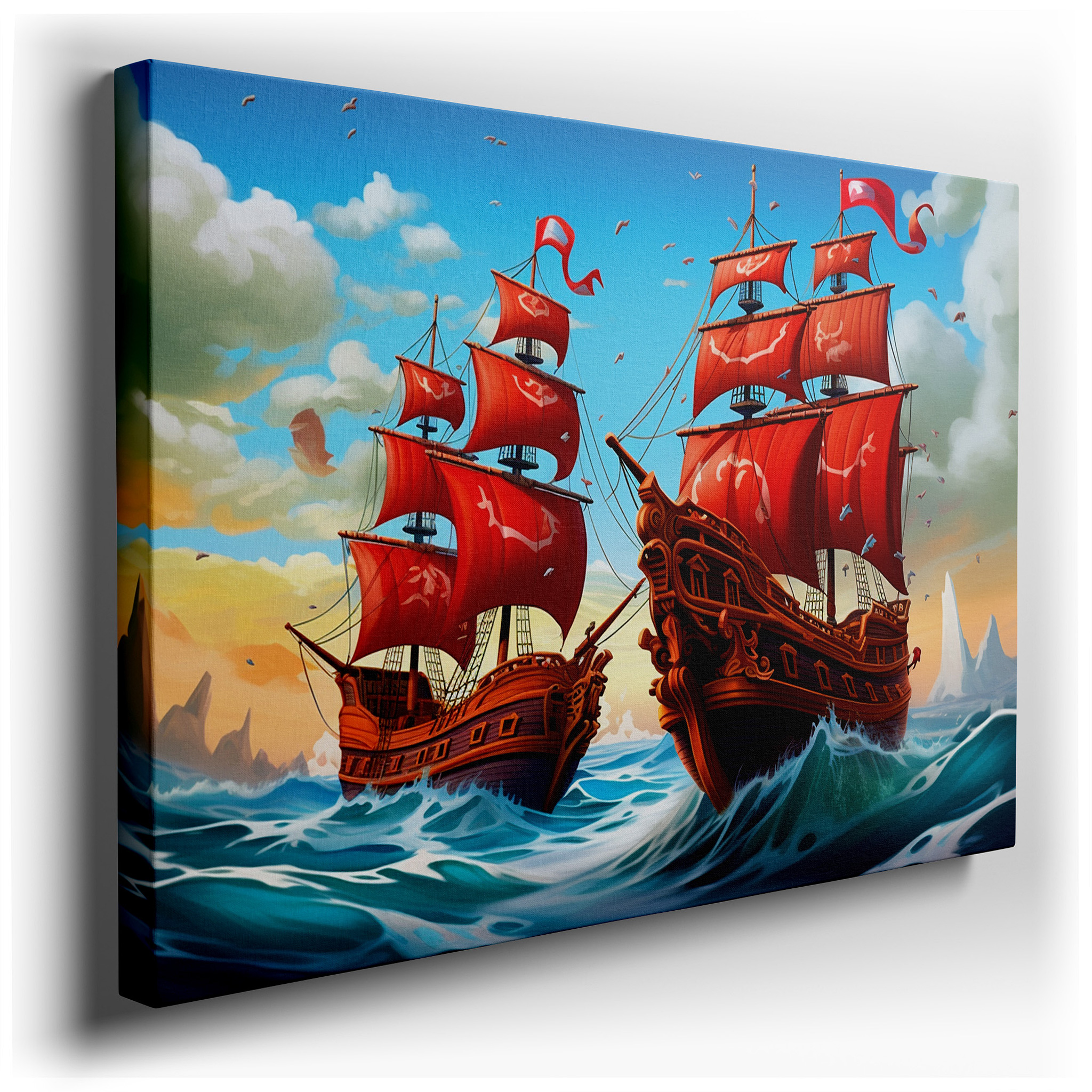 Stormy Seas and Red - Sailed Pirate Ships Large Canvas Wall Art for Office and Bedroom Decor wrapped canvas - main