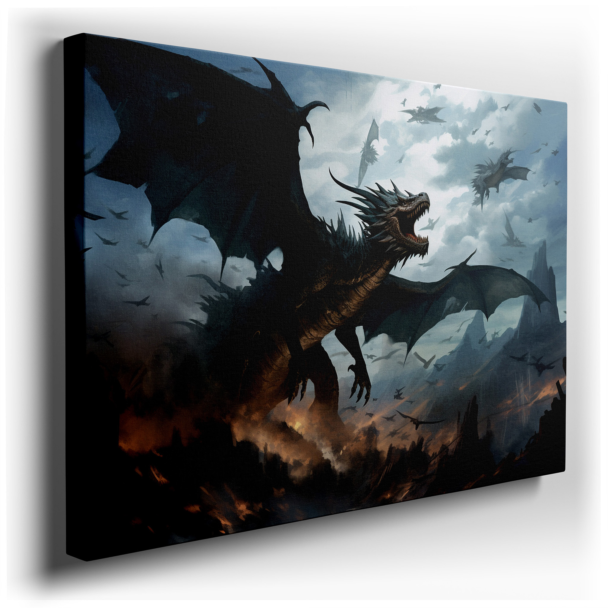 Stormy Skies and Rugged Mountains Featuring Fearsome Dragon in Flight - Large Canvas Wall Art for Office and Bedroom
