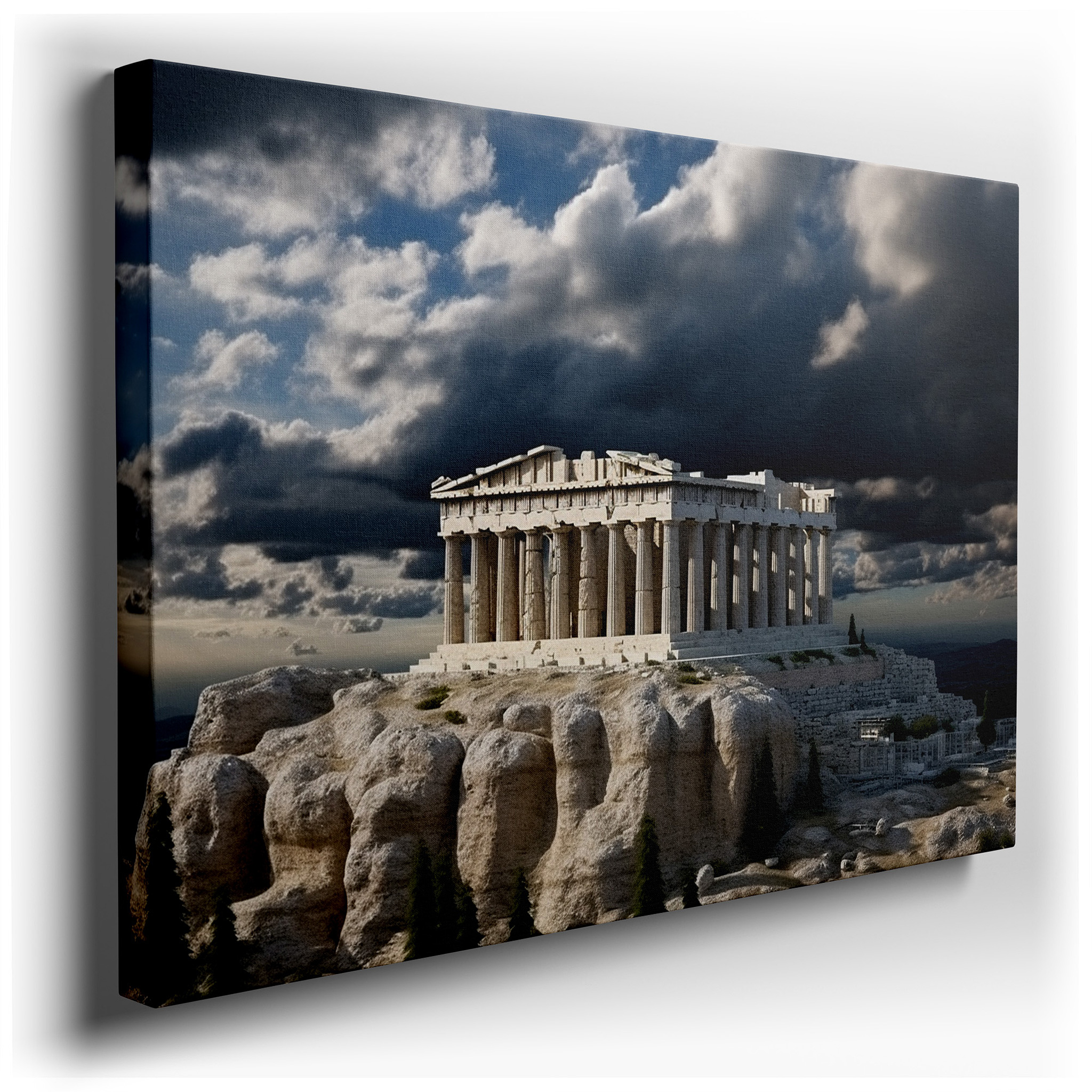 Stormy Skies and Rugged Terrain Featuring Majestic Greek Temple Large Canvas Wall Art for Office, Bedroom, and Living