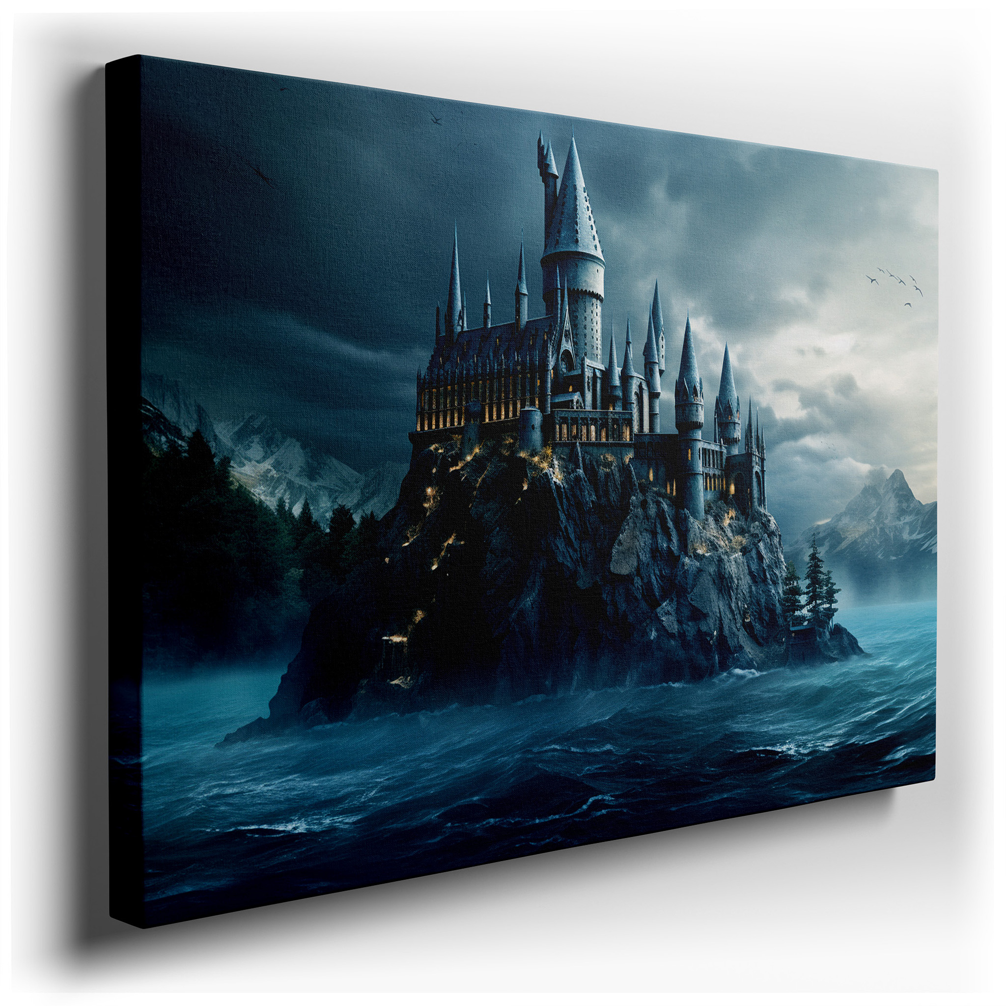 Stormy Skies Over Majestic Castle on Rocky Shoreline - Large Canvas Wall Art for Office, Bedroom, and Living Room Decor