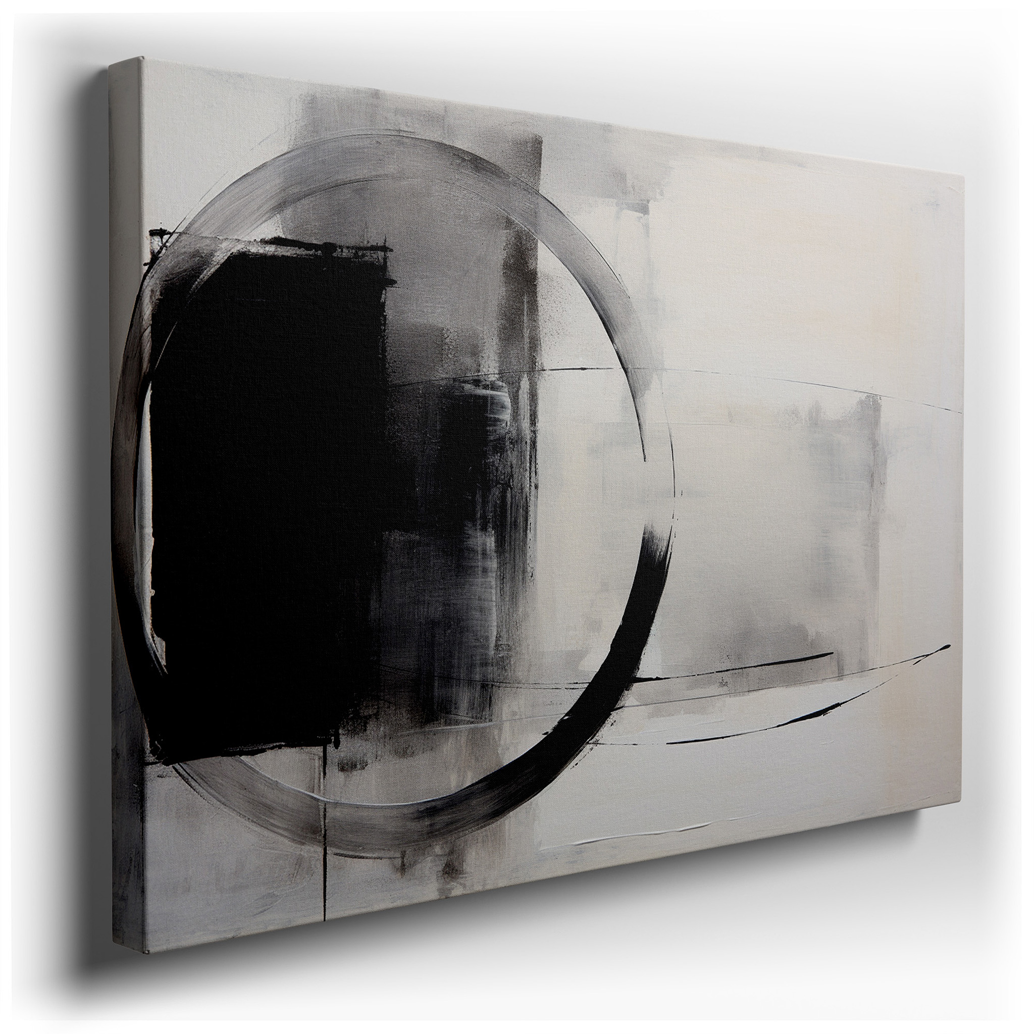 Striking Black and White Dynamic Textures with Circular Motif - Large Canvas Wall Art for Office and Bedroom Decor