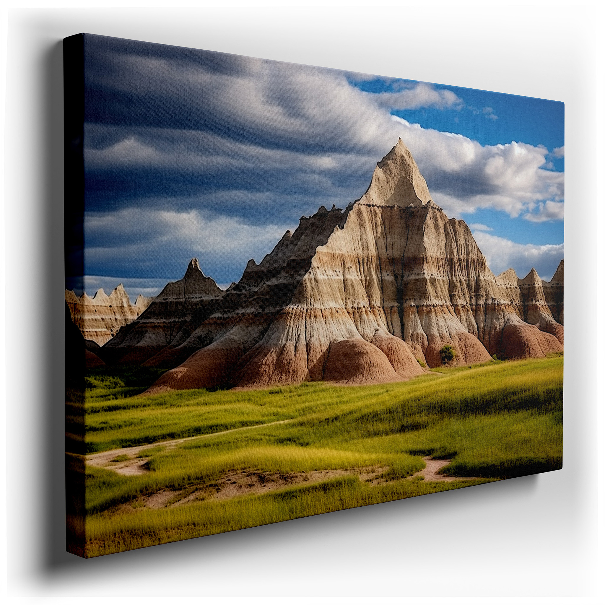 Stunning Badlands Panorama Featuring Vibrant Greenery and Blue Skies - Large Canvas Wall Art for Office, Bedroom, and