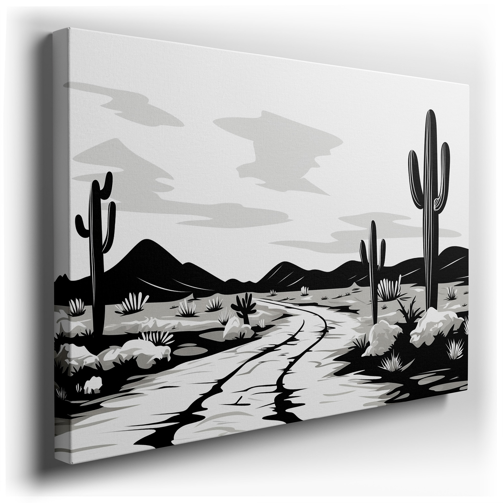 Stunning Black and White Desert Landscape Wall Art Featuring Cacti and Cracked Terrain Under a Radiant Sky, Large