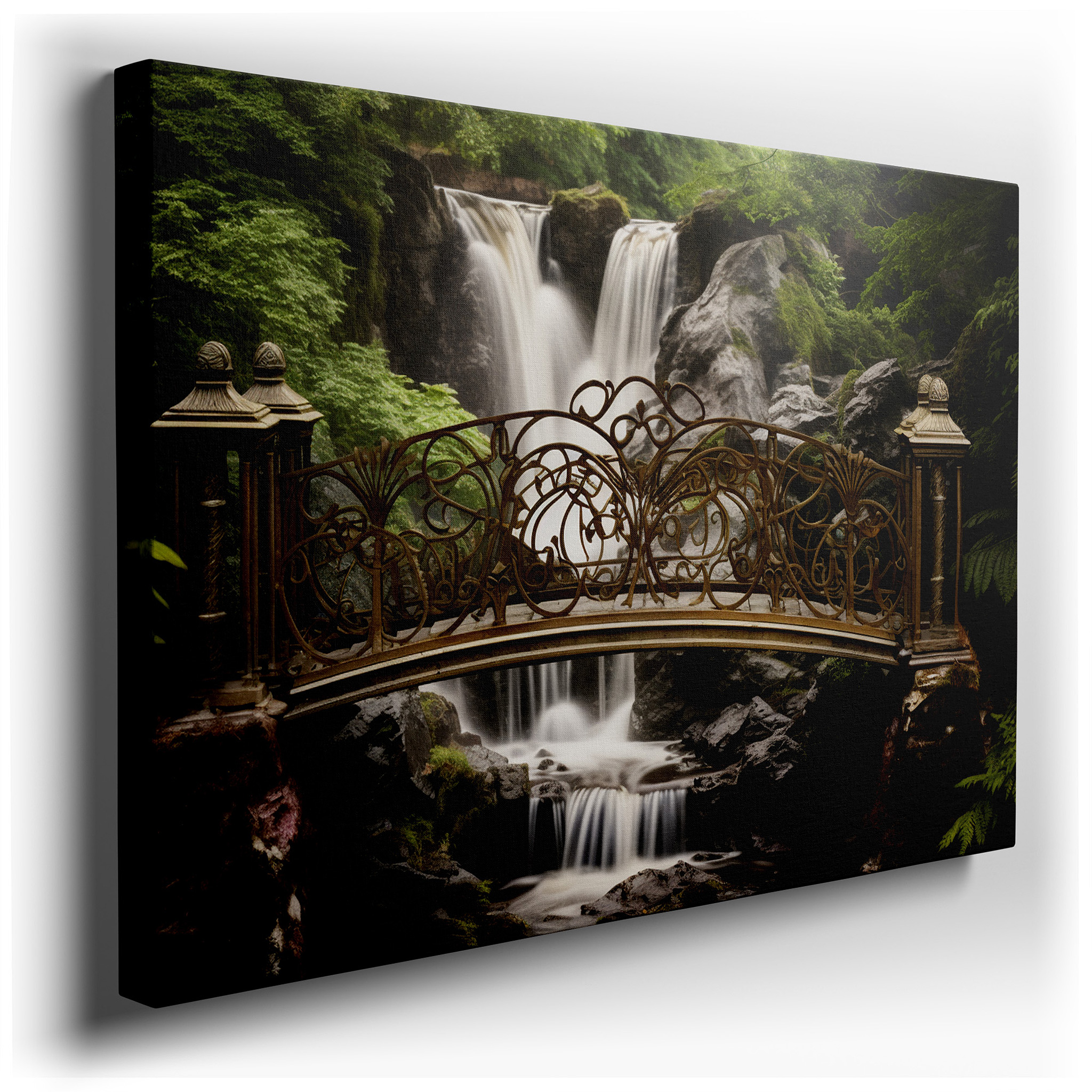 Stunning Bridge and Waterfall Canvas Print Surrounded by Verdant Foliage for Home and Office Decor wrapped canvas wall