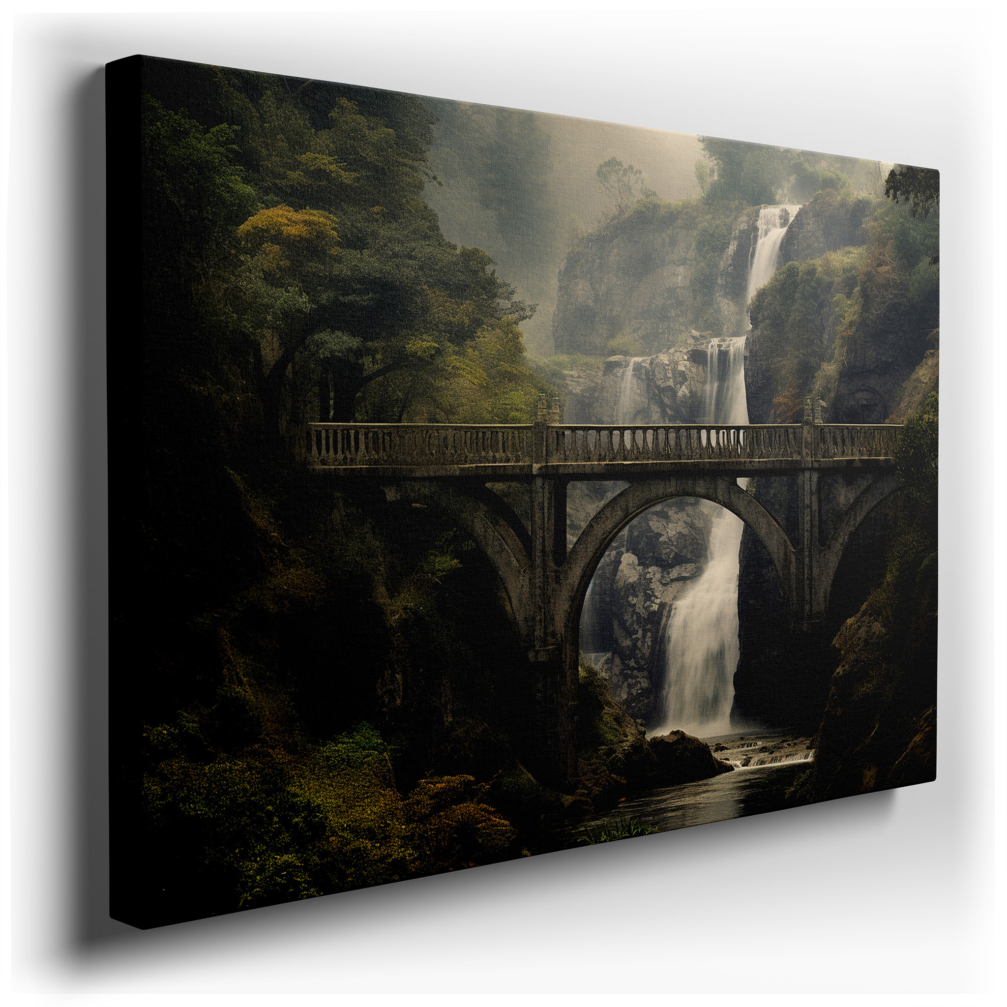 Stunning Circular Bridge and Waterfall Scene Wall Art: A Fusion of Architectural Brilliance and Natural Beauty, Large