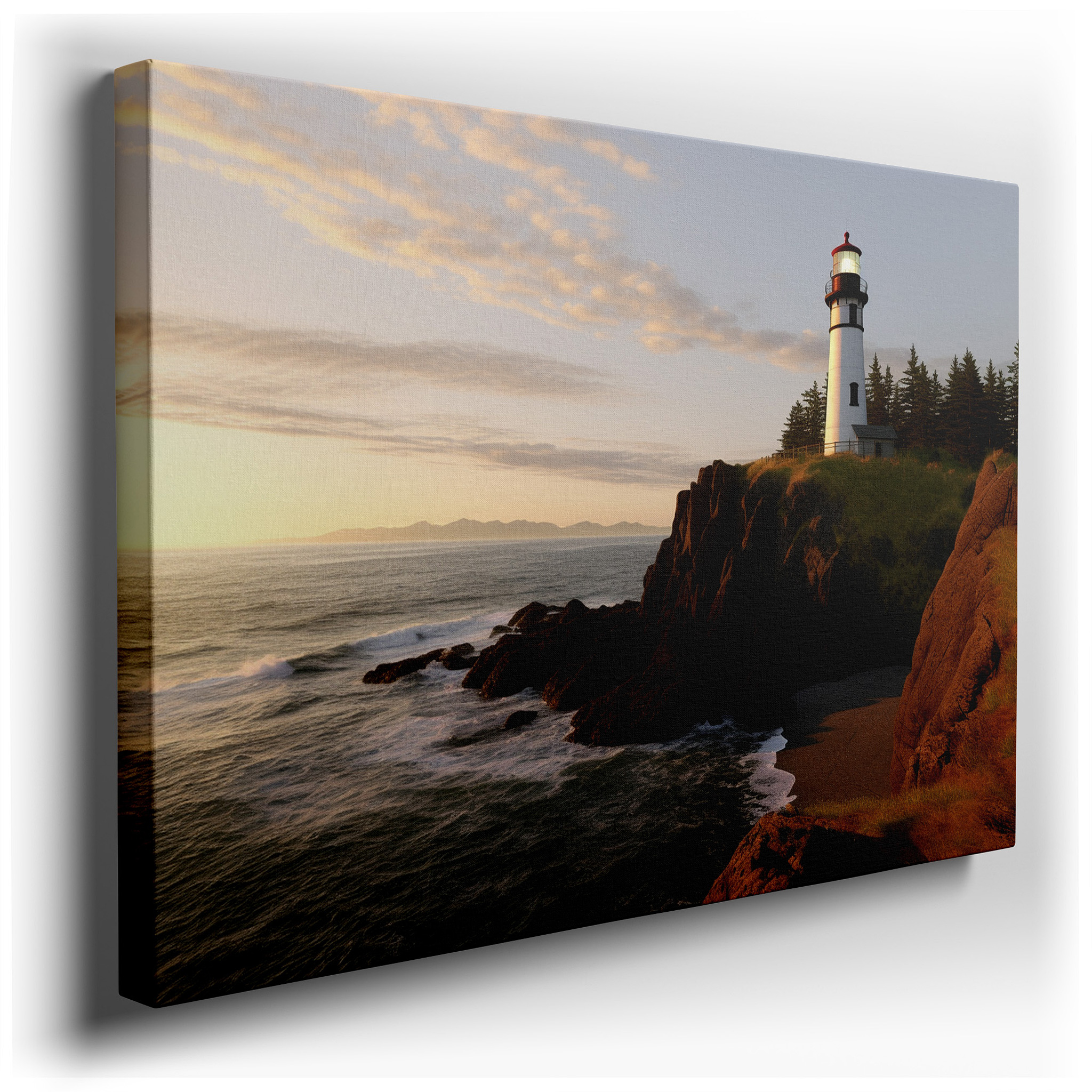Stunning Dawn - Lit Lighthouse Canvas Art - A Beacon of Guidance on a Rugged Cliff, Ideal for Office Wall Decor wrapped