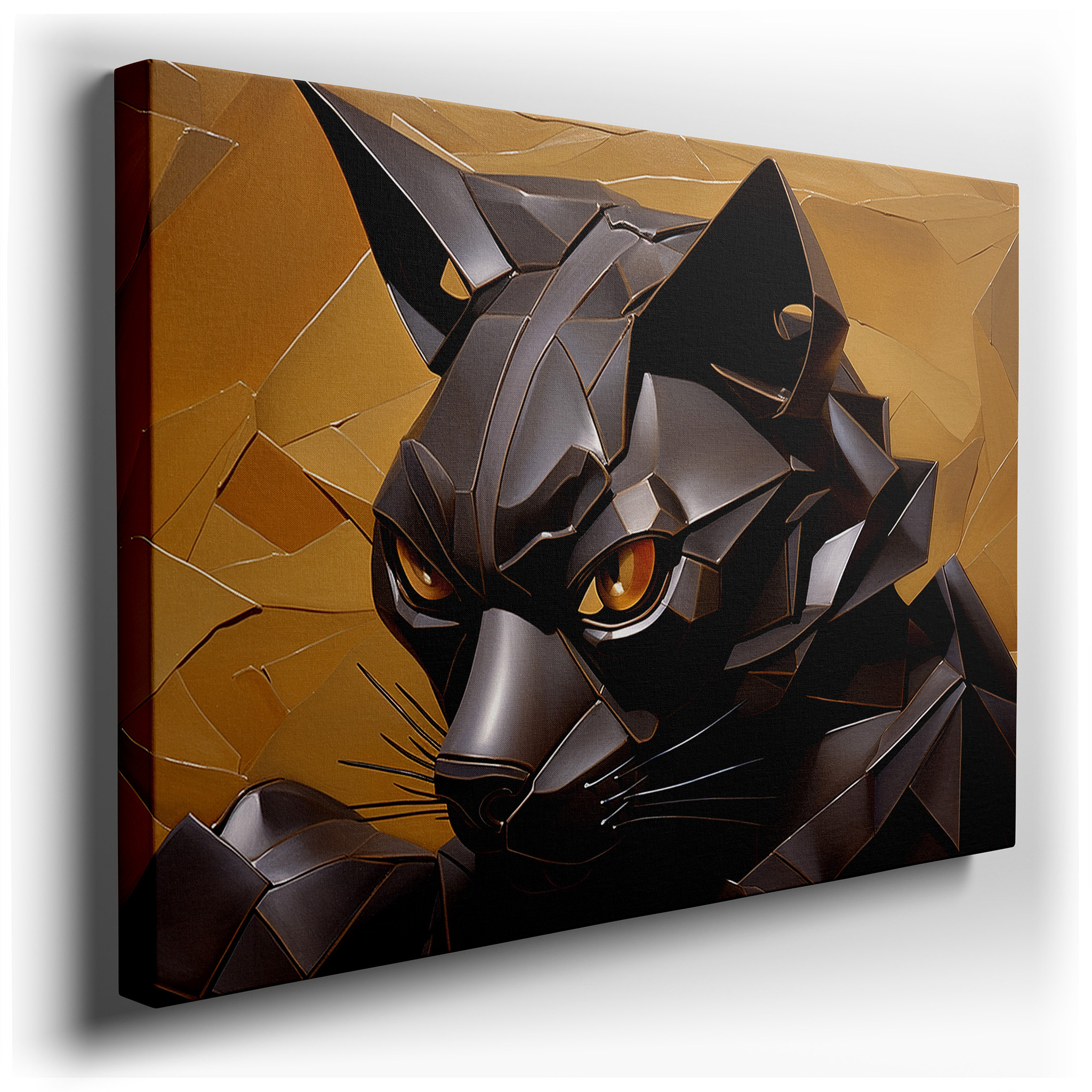 Stunning Large Black Cat Sculpture Wall Art with Bold Geometric Patterns and Golden Eyes, Perfect for Office or Bedroom