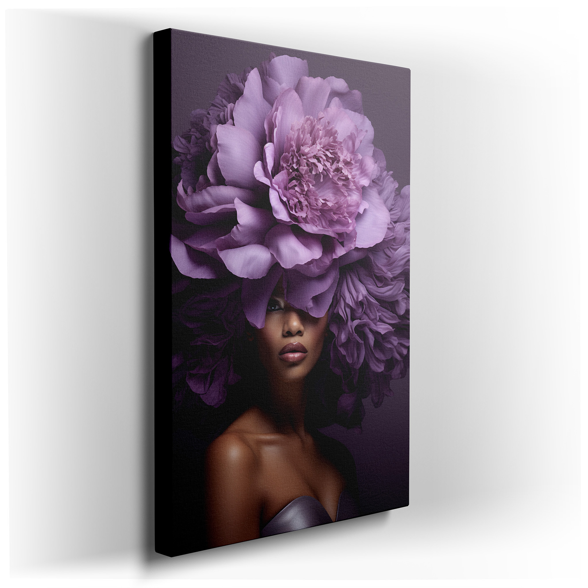 Stunning Large Wall Art Featuring a Woman with a Vibrant Purple Oversized Floral Headpiece, Canvas Wall Art, Wall Decor