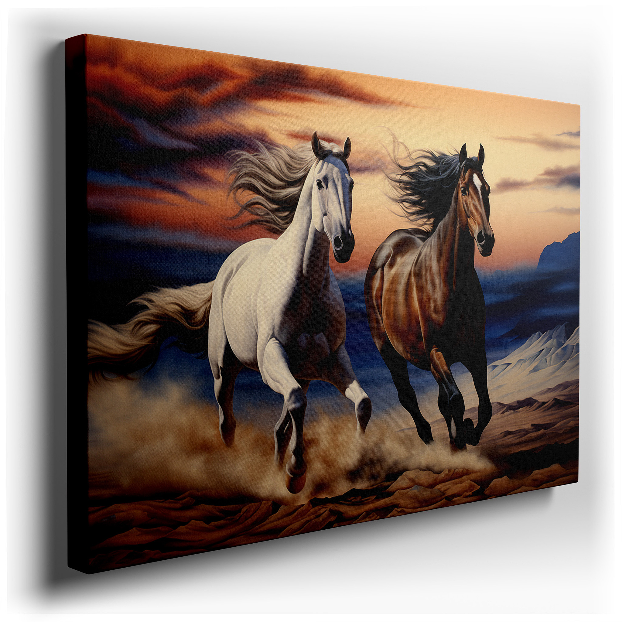 Stunning Large Wall Art of Horses Galloping in a Desert at Sunset, Symbolizing Freedom and the Beauty of Nature,