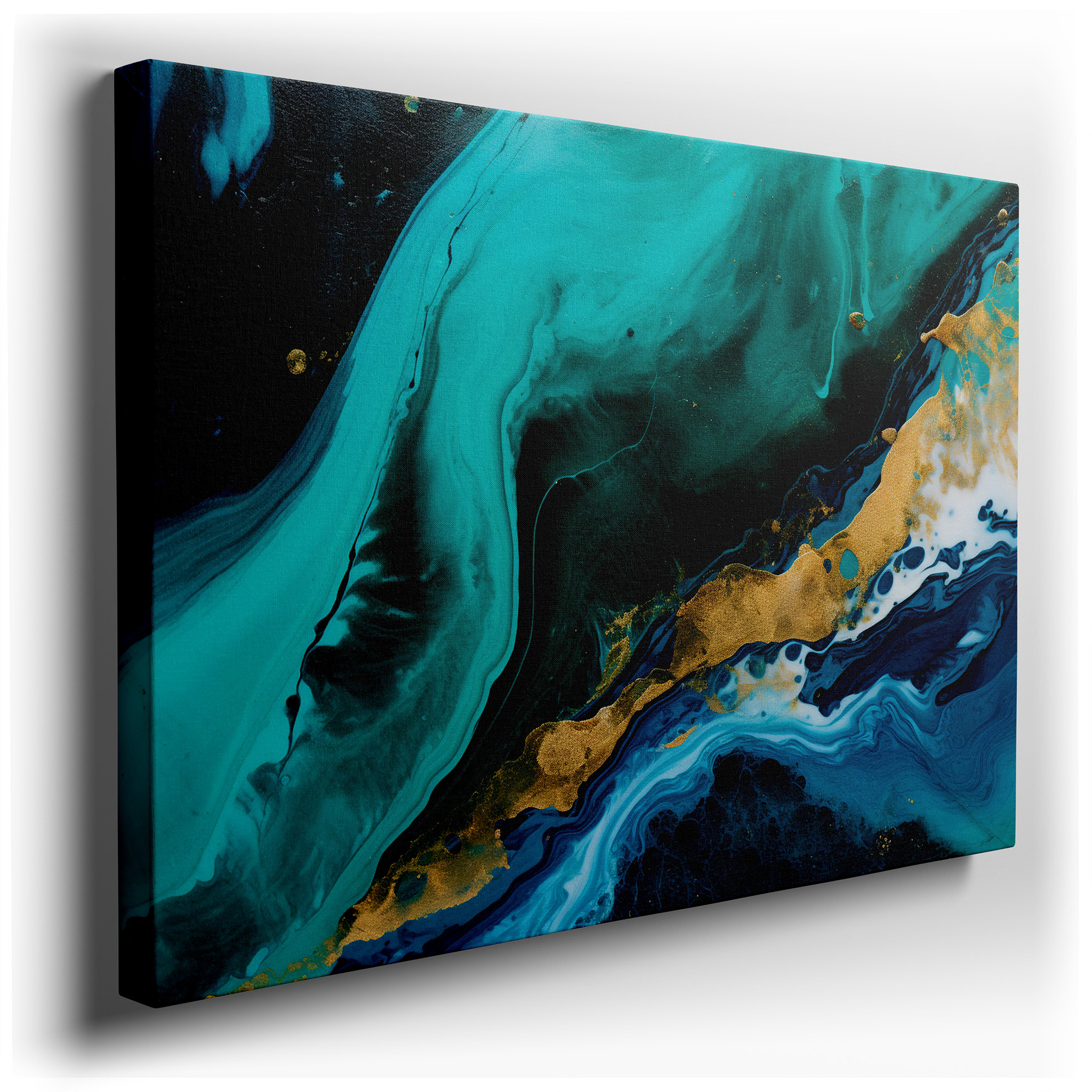 Stunning Turquoise and Black Wall Art with Elegant Gold Accents, Large Canvas Decor for Office and Bedroom wrapped