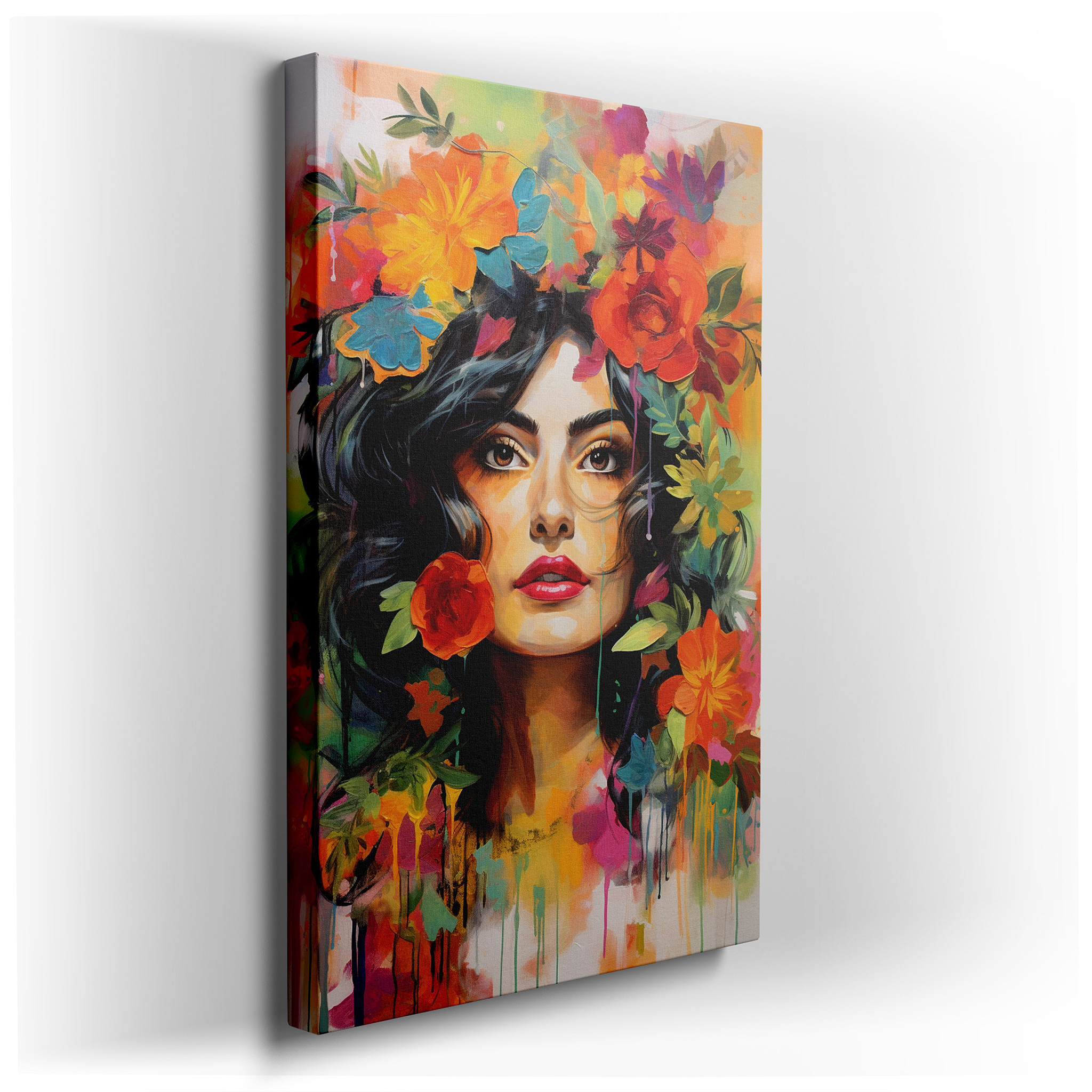 Stunning Wall Art Featuring a Woman with a Colorful Floral Crown, a Blend of Vibrant Colors and Emotions, Available as