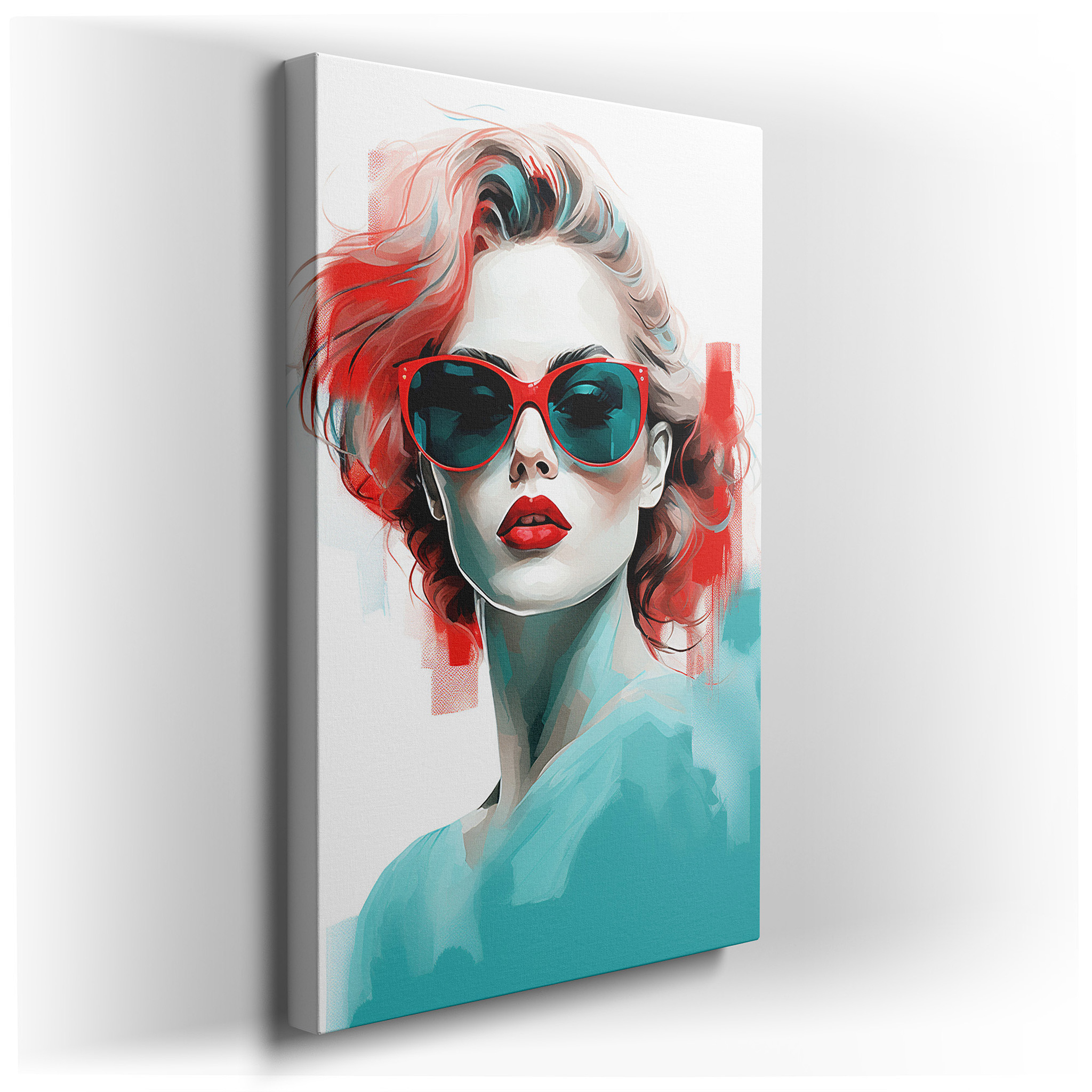 Stunning Wall Art Featuring a Woman with Turquoise Sunglasses and Bright Red Lips, Ideal for Office or Bedroom Decor
