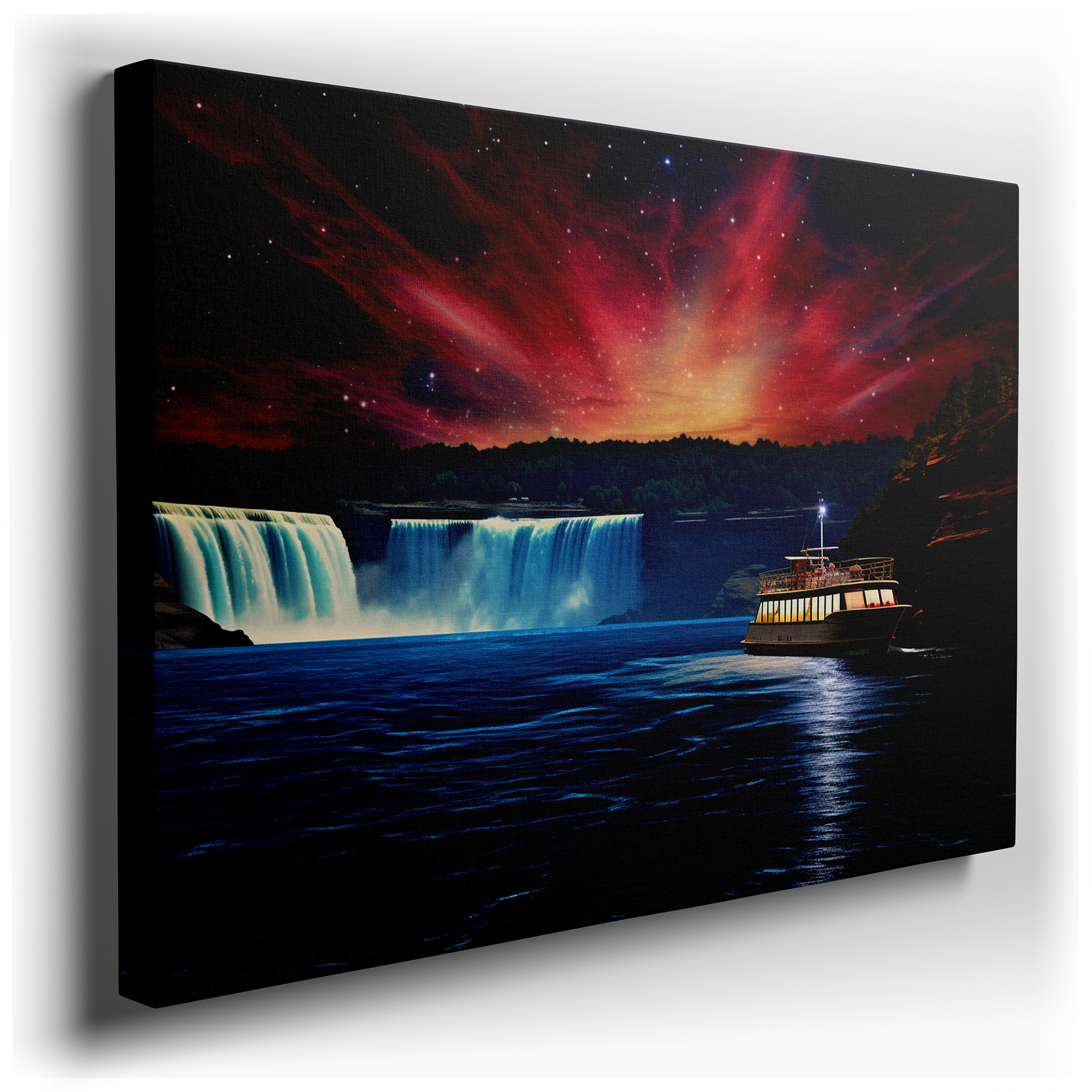 Stunning Waterfall and Northern Lights Large Canvas Wall Art, Surrounded by Lush Greenery with Starry Sky Reflections,