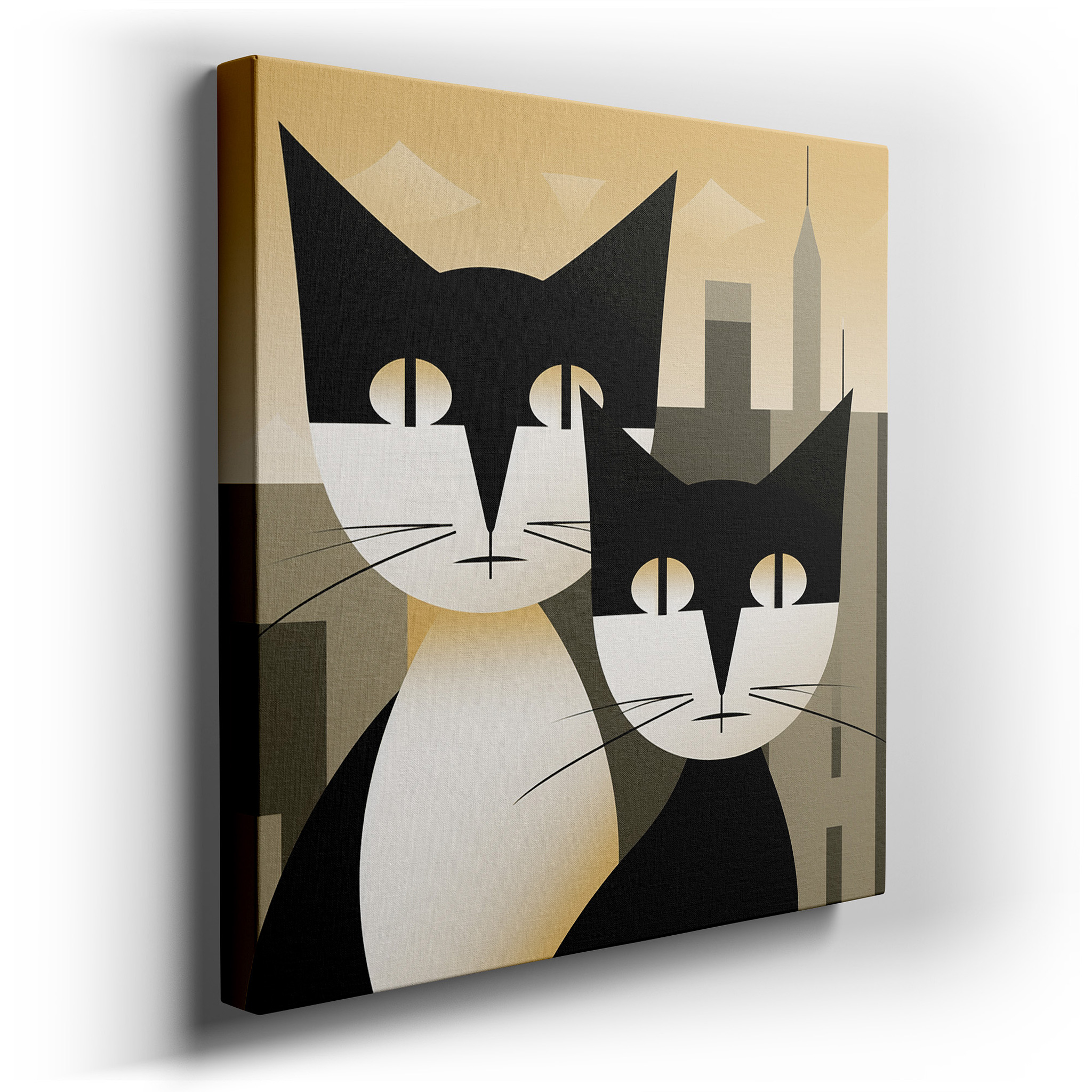 Stylized Black and White Cats on a Pastel Cityscape - Large Urban Whimsy Canvas Wall Art for Office Decor wrapped