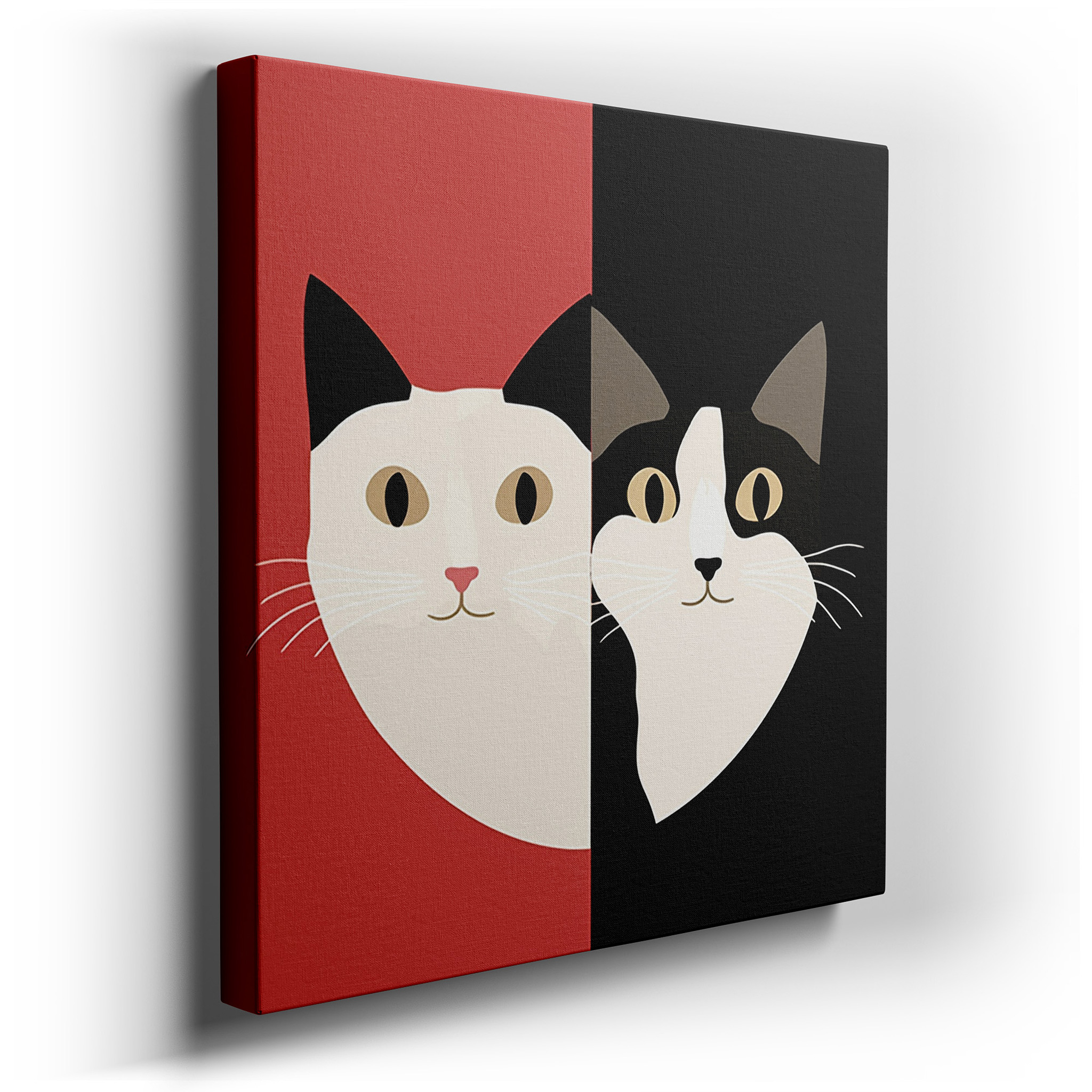 Stylized Cat Faces in Harmonious Duality: Vibrant and Subdued Tones, Large Wall Art, Canvas Wall Art, Wall Decor for