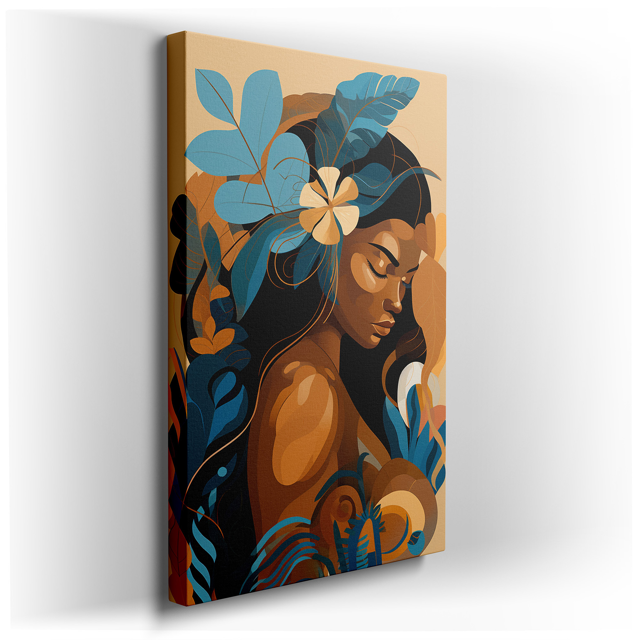 Stylized Portrait of a Woman with Vibrant Floral Accents Celebrating Femininity and Nature, Large Canvas Wall Art Decor