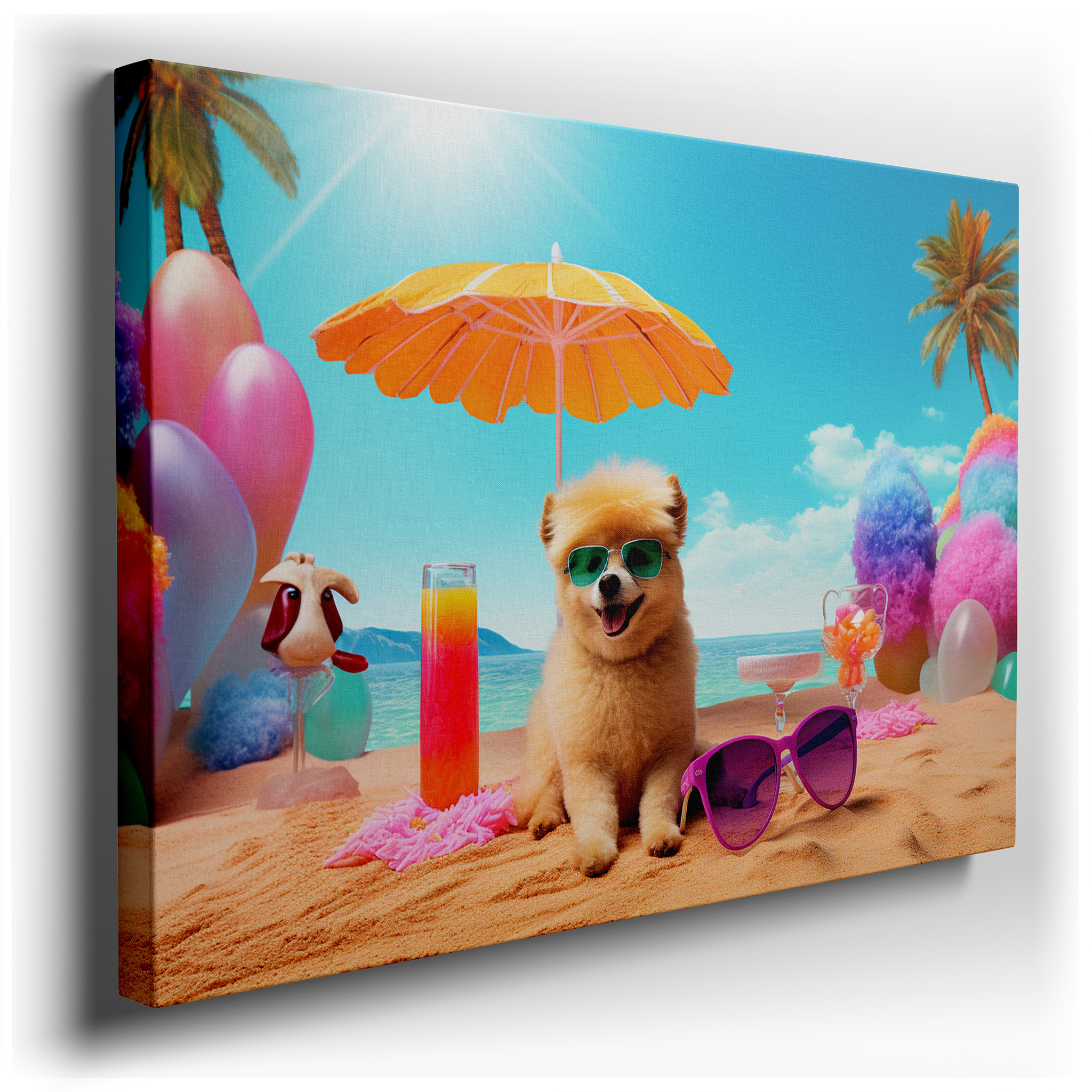 Summer Bliss: Stylish Pomeranian on a Tropical Beach - Large Canvas Wall Art for Office and Bedroom Decor wrapped