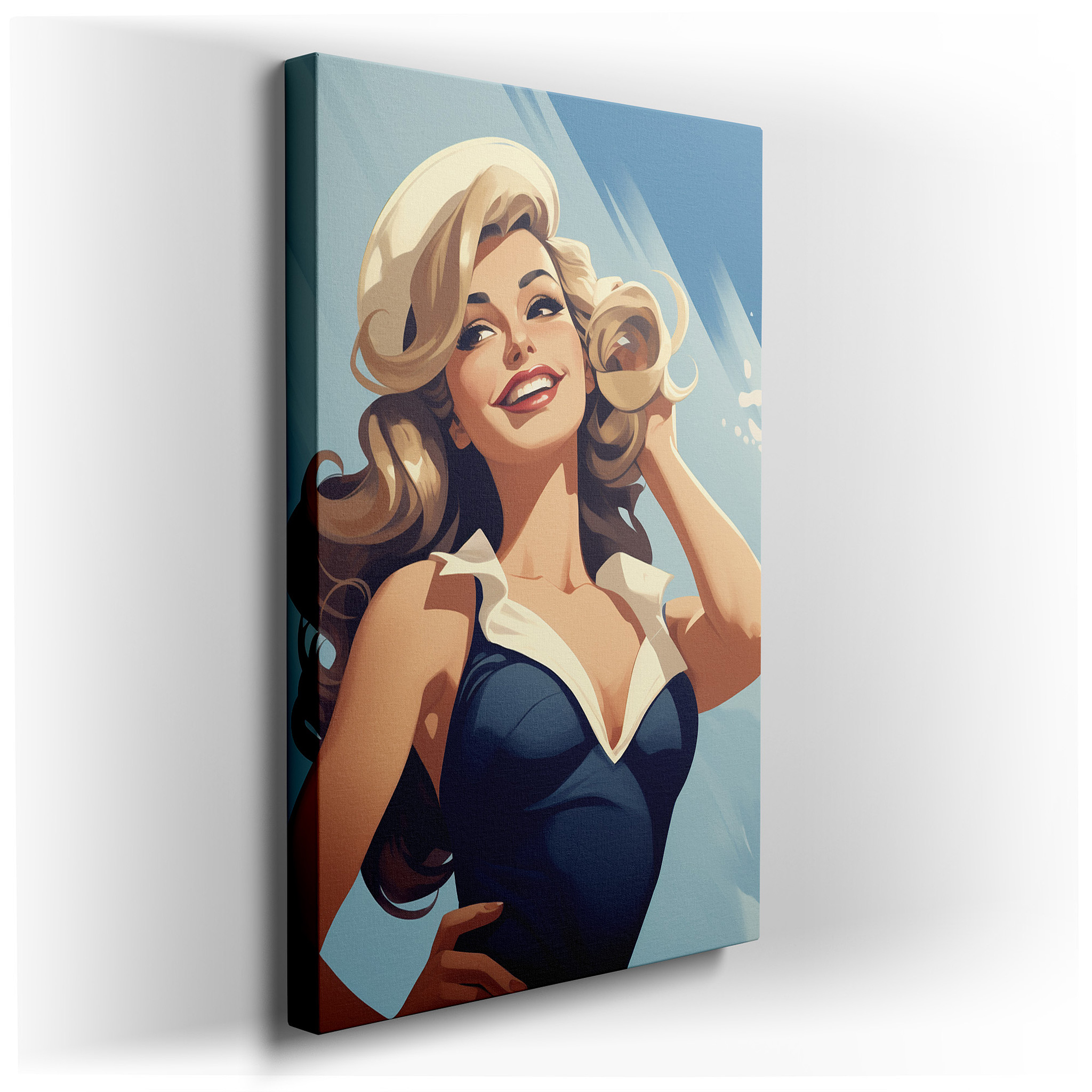 Summer Glamour by the Sea: Radiant Retro - Style Woman Large Wall Art, Canvas Decor for Office and Bedroom wrapped