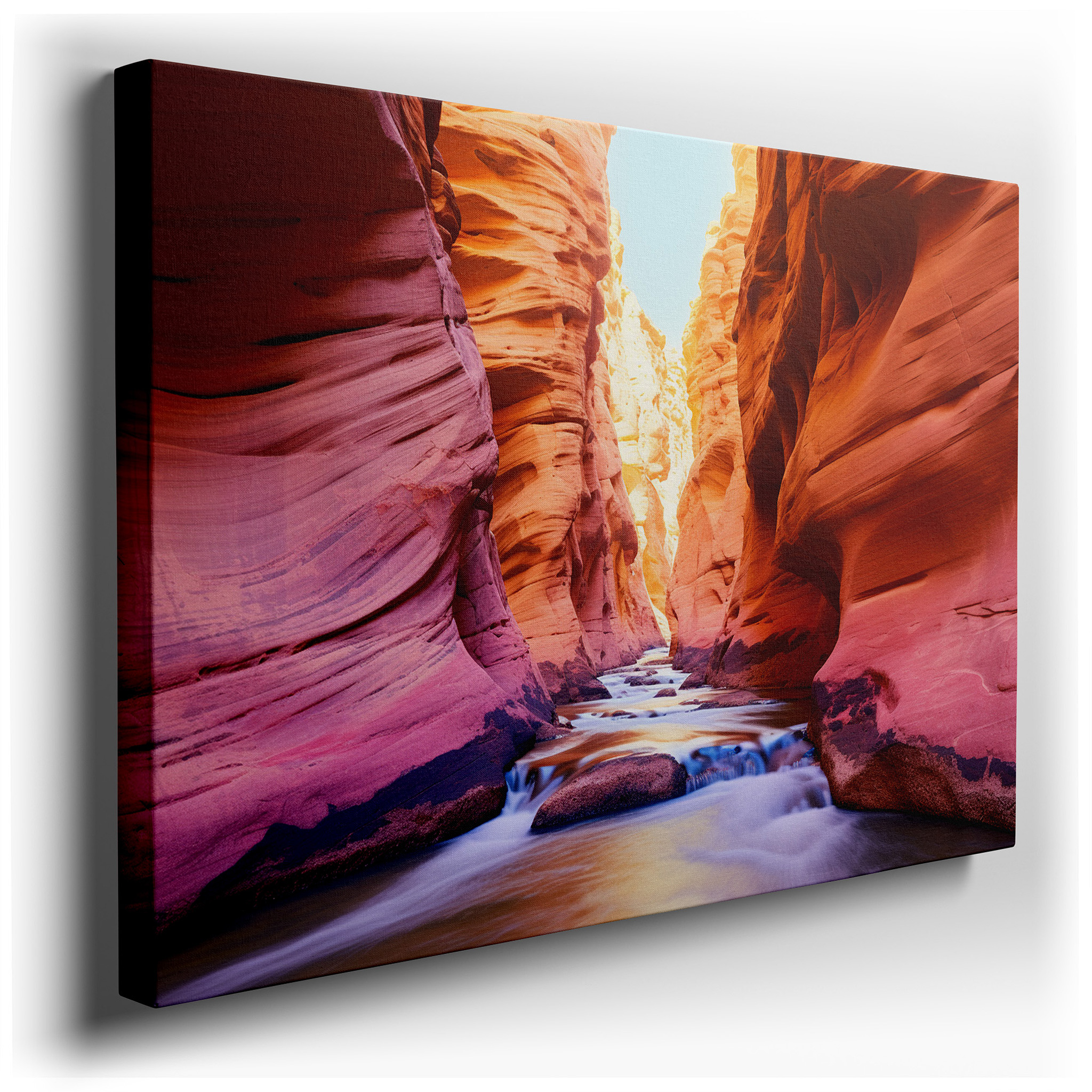 Sunlit Canyon with Tranquil Waters and Ancient Rocks Large Wall Art, Canvas Decor for Office, Bedroom, and Living Room