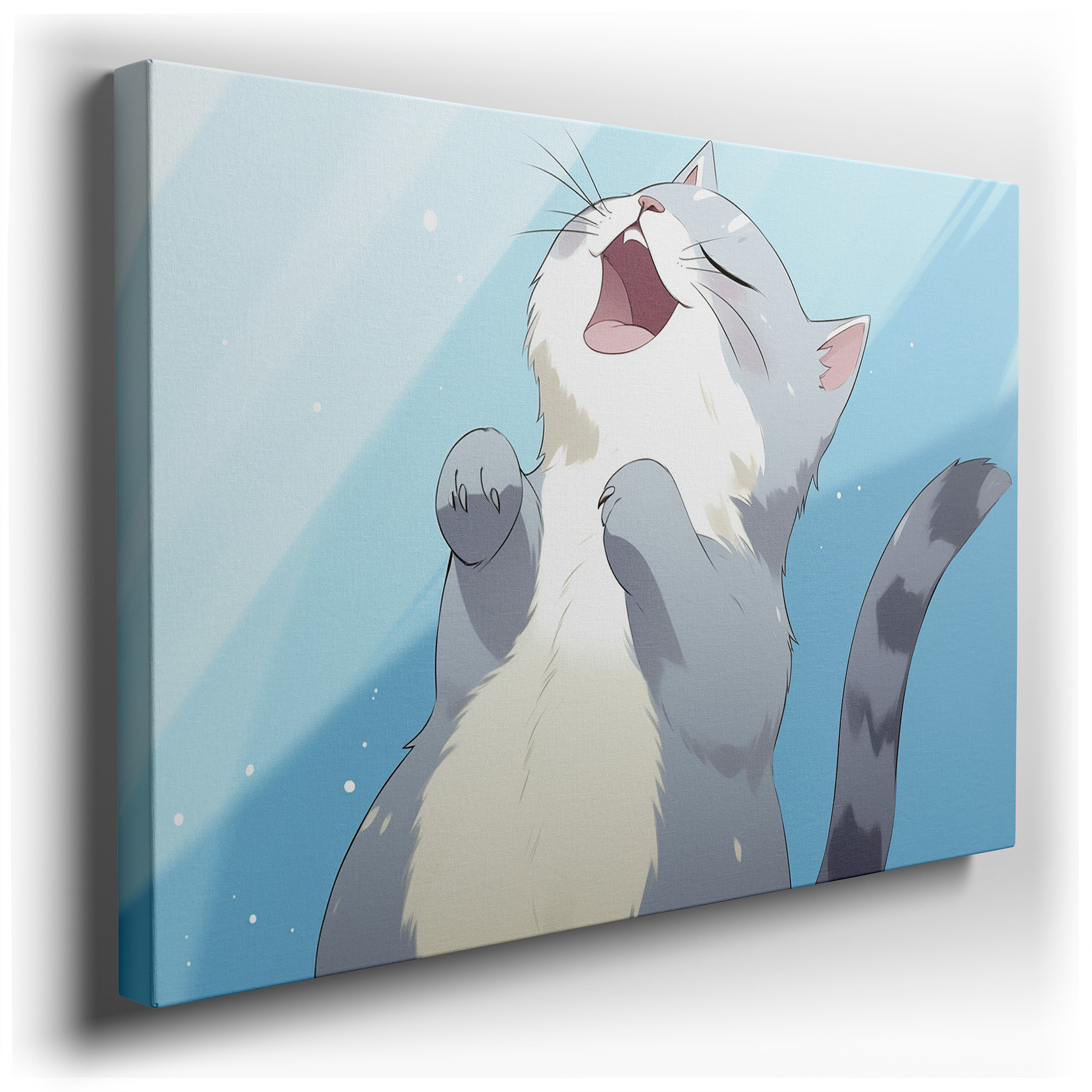 Sunlit Cat's Playful Antics on a Serene Blue Background - Large Canvas Wall Art for Office, Living Room, and Bedroom