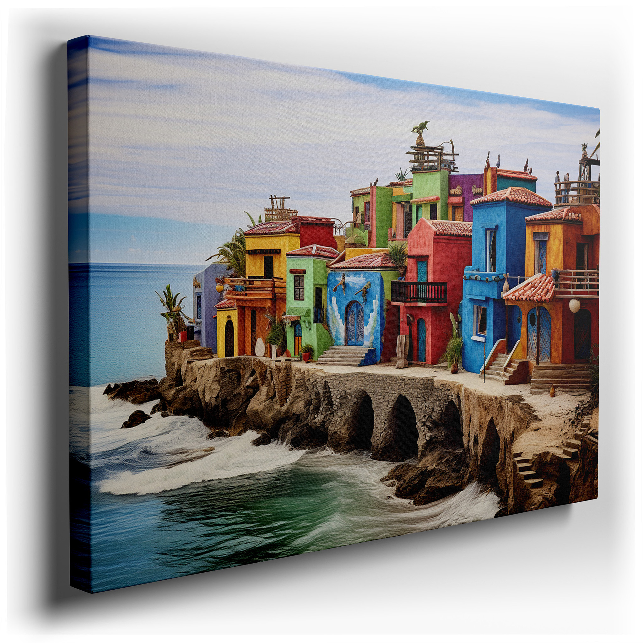 Sunlit Cliffside Coastal Village, Escape to Serene Blue Waters Large Wall Art, Canvas Wall Art, Wall Decor for Office