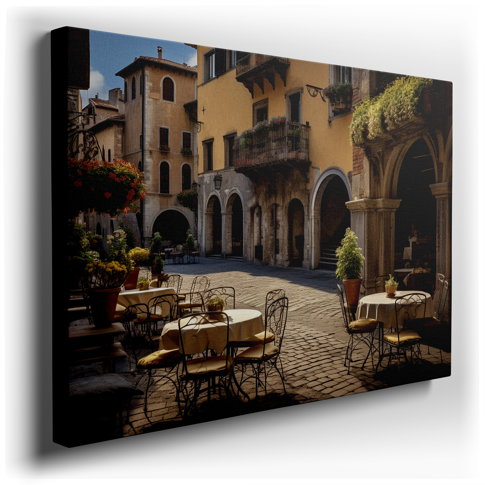 Sunlit Italian Courtyard with Vibrant Flowers Large Canvas Wall Art for Office and Bedroom Decor wrapped canvas - main