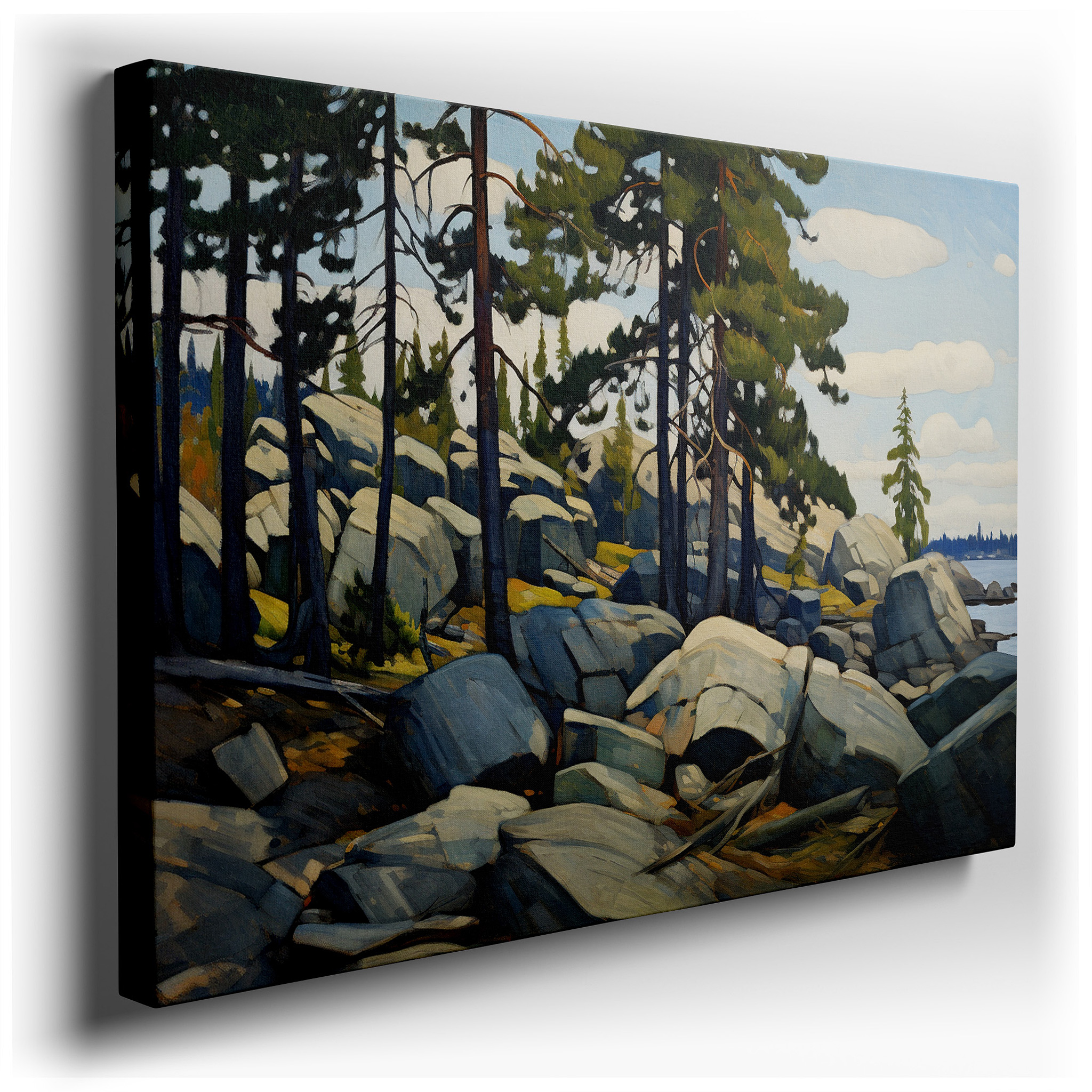 Sunlit Pines and Granite Boulders by a Peaceful Waterway Large Wall Art, Canvas Wall Art, Wall Decor for Office,