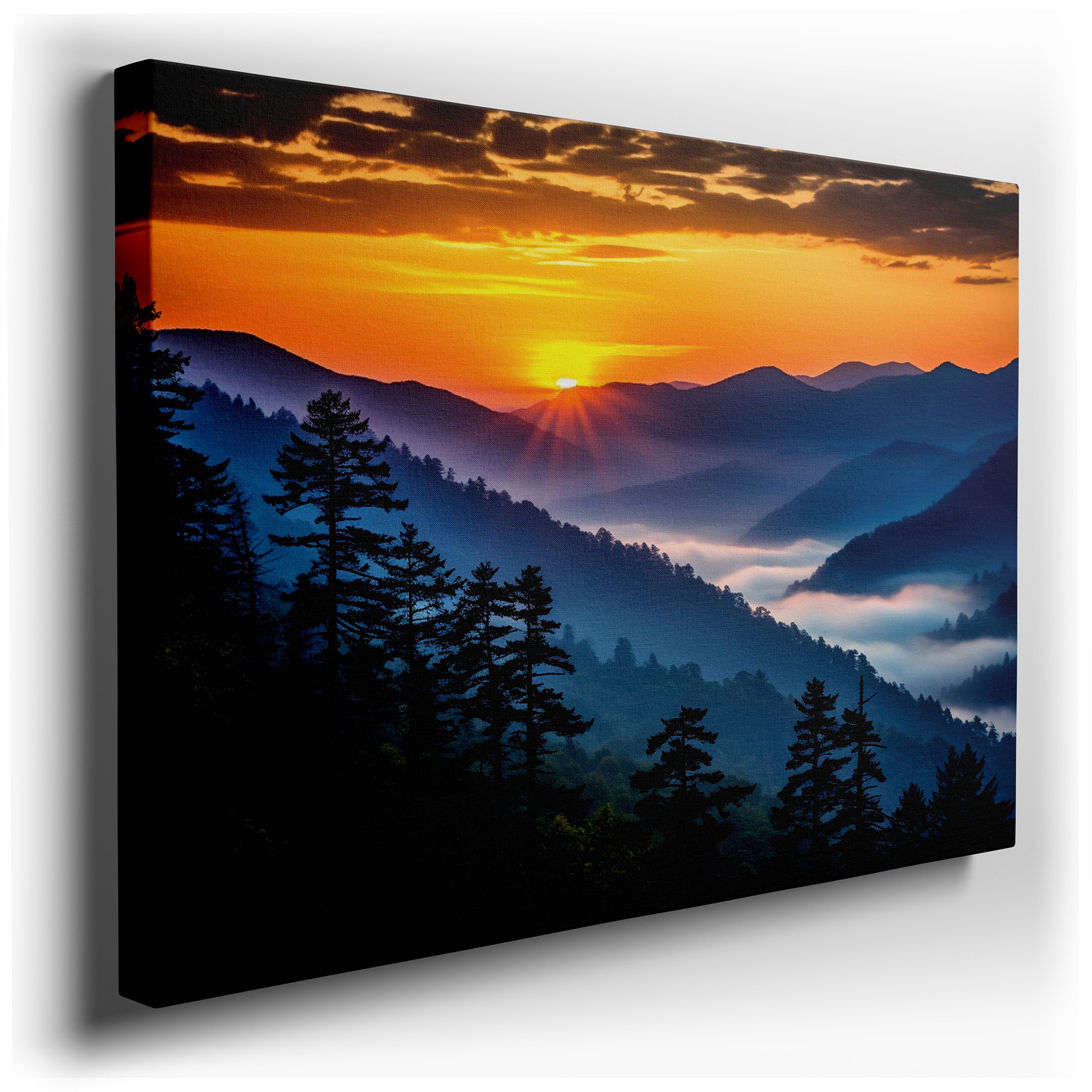 Sunrise Over Misty Valley Wall Art: Majestic Mountains and Silhouetted Evergreens - Large Canvas for Office or Bedroom