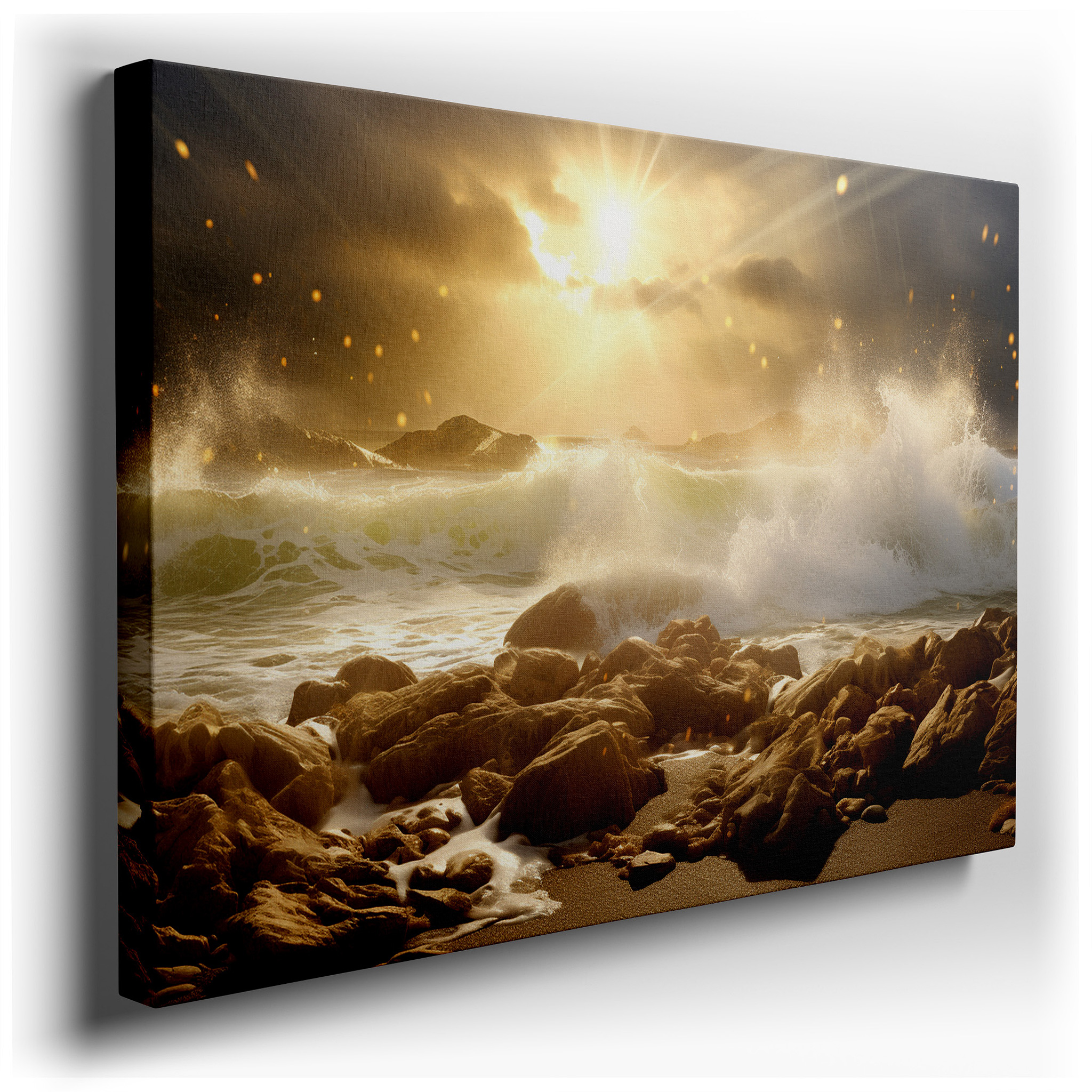Sunrise Over Waves on a Rocky Shoreline: A Majestic Display of Nature's Beauty and Power - Large Canvas Wall Art for