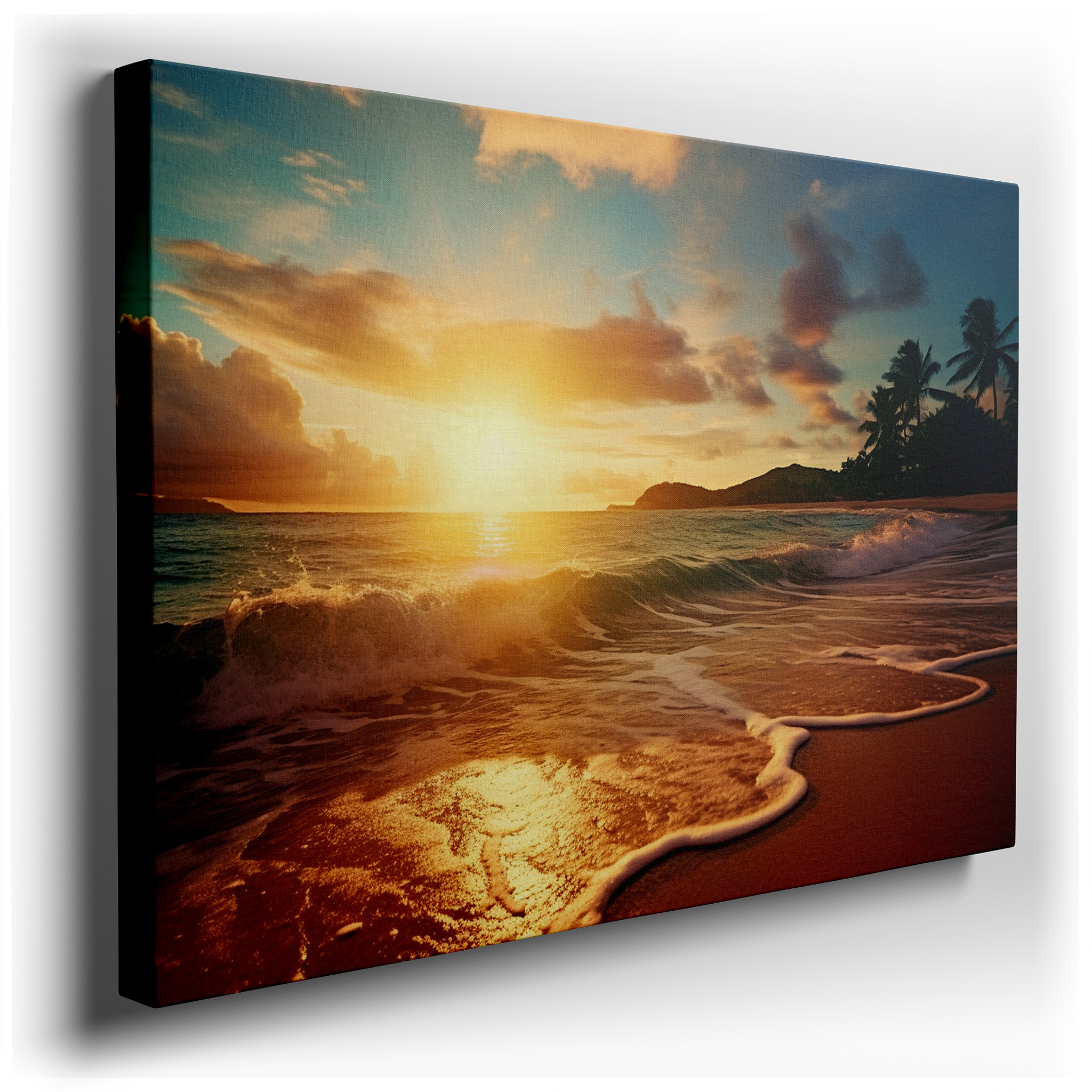 Sunrise Serenity on a Sandy Beach - Warm Hues and Gentle Waves Large Wall Art, Canvas Wall Art, Wall Decor for Office